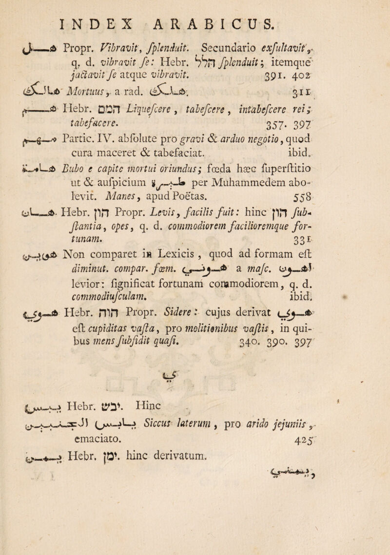 Propr. Vibravit, fpimhit. Secundario exfultavit\^ q. d. vibravit fe: Hebr, hhn fpknduit'^ itemque’ jadtavh fe atque vibravit: 391. 40^ ilf(9rniwx, a rad. 311* ^^ Hebr. Lquefcere, tabefcere , intabsfcere rei;' tabefacere, ’ 357. 397 Partic. IV. abfoliite pro gravi & arduo negotio cura maceret & tabefaciat. ibid» Bubo e capite mortui oriundus; fceda haec fuperftitio ut & aufpicium per Muhammedem abo¬ levit. Manes j apud Poetas. 558 ob—Hebr. pn Propr. Levisy facilis fuit: hinc pn fiib* flantia^ opes^ q. d. commodiorem facilioremque for¬ tunam. , 331 Non comparet m Lexicis , quod ad formam efl dlminut. compar, fxm, ^ mafc. levior: fignificat fortunani commodiorem, q. d. commodiufculam. ibidi Plebr. nin Propr. Sidere t cujus derivat eil cupiditas vafta, pro molitionibus vafik, in qui¬ bus 340* 390. 397 Hebr. Hinc ,3, Siccus' laterum , pro emaciato. ^^4.—J Hebr. |0\ hinc derivatum. jejumis y 425 .10 J \