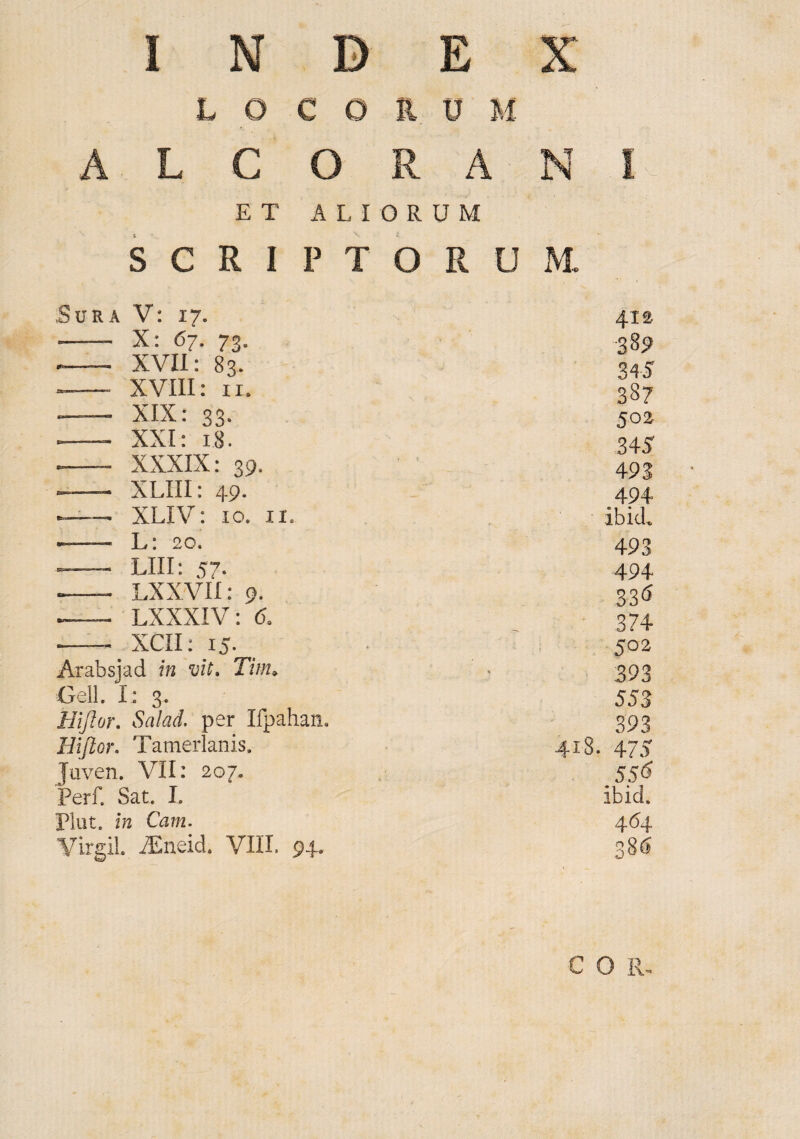L O C O E U M A L C O R A N ET A S C R I P ,SuRA V: 17. - X: 67. 73. — XVII: 83. — XVIII: II. — XIX: 33. — XXI: 18. XXXIX: 39. —- XLIII: 49. —XLIV: IO. II. — L: 20. — LIII: 57. — LXXVII: 9. — LXXXIV: 6. --- XCII: 15. Arabsjad in vit, Tim^ Geli. I: 3. Hiftor, Salad. per Ifpahan. Hiftor. Tamerlanis. Juven. VII: 207. Perf. Sat. I. Pliit. in Cam. Virgil. iEneid. VIII. 94. .IORUM TORUM. 412 389 345 387 502 345 493 494 ibici. 493 494 33f> • 374 502 393 553 393 418. 475 555 ibid. 464 386 C O R.