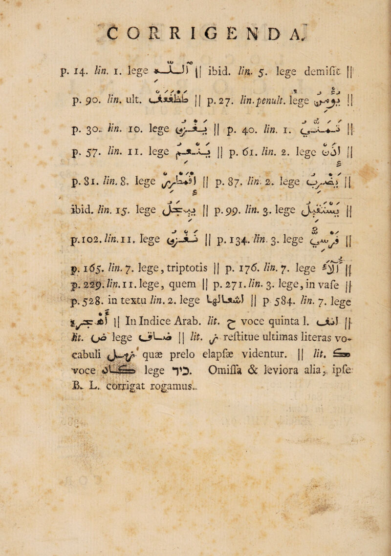 corrigenda (JU AO II ^ ^ 11 > ][ p. 40. /m. I. ii' p. 14. Un. I. lege —L«I) j| ibid. Un. 5. lege demific [j ✓ p. 90. /f«. iilt. j| p. 27. lin.pmultAtgt !! p. 30. Vin, IO. lege p. 57. Un, II. lege ]] p. 61. Rn. 2. lege ool |i p. 81. /i«. 8. lege || p. 87. Un. 2. lege || >■ ibid. /i/2.15. lege (JeEs.o [| p.99. Un. 5. leg^e (Ja£v'amj || ✓ ^ Ci p. 102.///2.II, lege j| p. 134./m. 3. lege [] j _ p. 165. ///2.7. lege, triptotis jj p. 176. /i/z. 7. lege ^W\\ pi/i^f/iw.ii.lege, quem Ij p. 271.///2. 3. lege3 in vale jj inteMu Un.2.1ege L^JLsAtJ || p 584./2/2. 7. lege •» * . ■ . i| In Indice Arab. /if. ^ voce quinta 1. c-ij) j| Rr. o^ lege (JiL-xb j| /if. ^ reflitue ultimas literas vo¬ cabuli prelo elapfe videntur. || /U, I Omifla & leviora alia^. ipfe: voce L. corrigat rogamus.