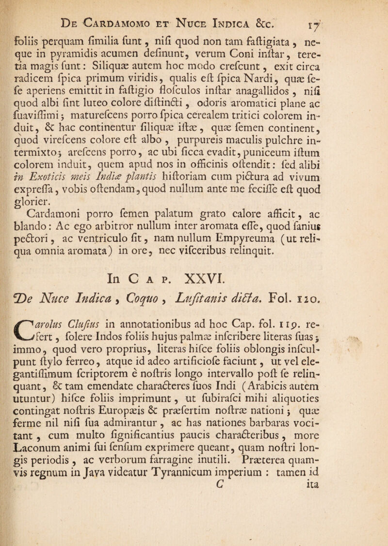De Cardamomo et Nuce Indica &c. ijr foliis perquam fimilia funt, nifi quod non tam faftigiata 5 ne-» que in pyramidis acumen delinunt, verum Coni inftar, tere¬ tia magis funt: Siliquae autem hoc modo crefcunt, exit circa radicem fpica primum viridis, qualis eft fpica Nardi, quju fe- fe aperiens emittit in faftigio flofculos inllar anagallidos, nifi quod albi (int luteo colore diftinfti, odoris aromatici plane ac fuaviflimi 5 maturefcens porro fpica cerealem tritici colorem in'- duit, & hac continentur filiquas iite, quae femen continent, quod virefcens colore eil: albo , purpureis maculis pulchre in- termixtoj arefcens porro, ac ubi ficca evadit,puniceum ifium colorem induit, quem apud nos in officinis oilendit: fed alibi in Exoticis meis Indice plantis hifloriam cum piftura ad vivum expreffia, vobis oftendam,quod nullum ante me fecifle eft quod glorier. Cardamoni porro femen palatum grato ealore afficit, ac blando: Ac ego arbitror nullum inter aromata efle, quod fanius pe6i:ori, ac ventriculo fit, nam nullum Empyreuma (ut reli¬ qua omnia aromata) in ore, nec vifceribus relinquit. In C A p. XXVI. 2)^ Nuce Indica^ Coquo y Lujitanis diEta, Fol. 120. Carolus Clufius in annotationibus ad hoc Cap. fol. iip. re¬ fert , folere Indos foliis hujus palm^ infcribere literas fuas 5 immo, quod vero proprius, literas hifce foliis oblongis infcul- punt (lylo ferreo, atque id adeo artificiofe faciunt, ut vel ele- gantiffimum fcriptorem e noftris longo intervallo pofi: fe relin¬ quant, Sctam emendate charafteres fuos Indi (Arabicis autem utuntur) hifce foliis imprimunt, ut fubirafci mihi aliquoties contingat noftris Europaeis 6c praefertim noftrae nationi 5 quae ferme nil nifi fua admirantur, ac has nationes barbaras voci¬ tant , cum multo fignificantius paucis charafteribus, more Laconum animi fui fenfiim exprimere queant, quam noftri lon¬ gis periodis , ac verborum farragine inutili. Praeterea quam¬ vis regnum in Java videatur Tyrannicum imperium : tamen id C ita