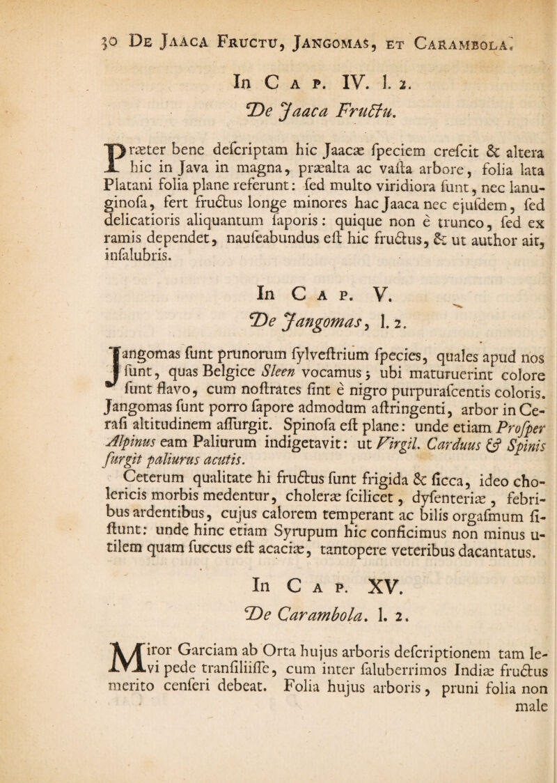 De Jaaca FjRUCTir, Jangomas, et Carambola; In C A p. IV. I. 2. 2)^ ^aaca Fru6fu, Pr^ter bene defcriptam hic Jaacas rpeciem crefcit & altera hic in Java in magna^ praealta ac vafla arbore, folia lata Piatani folia plane referunt; fed multo viridiora funt, nec lanu- ginofa, fert frudtus longe minores hac Jaaca nec ejufdem, fed delicatioris aliquantum faporis: quique non e trunco, fed ex ramis dependet, naufeabundus eil: hic frudlus, & ut author ait, infalubris. In Gap. V. 2)^ Jangomas, 1.2. Jangomas funt prunorum fylveftriiim fpecies, quales apud nos funt, quas Belgice Sleen vocamus 5 ubi maturuerint colore funt flavo, cum noflrates fint e nigro purpurafeentis coloris. Jangomas liint porro fapore admodum aftringenti, arbor in Ce- rafi altitudinem aflurgit. Spinofa eft plane: unde etiam Profper Jlpinus eam Paliurum indigetavit; ut FirgiL Carduus £5? Spinis furgit paliurus acutis. Ceterum qualitate hi frudtus funt frigida Sc ficca, ideo cho- lericis morbis medentur, cholerse fcilicet, dyfenteri^ , febri¬ bus ardentibus, cujus calorem temperant ac bilis orgafmum fi- flunt: unde hinc etiam Sympum hic conficimus non minus u- tilem quam fuccus efl: acacias, tantopere veteribus dacantatus. In Gap. XV. T>e Carambola, 1. 2. Miror Garciam ab Orta hujus arboris deferiptionem tam le¬ vi pede tranfiliifle, cum inter faluberrimos Indiae frudtus merito cenferi debeat. Folia hujus arboris, pruni folia non male