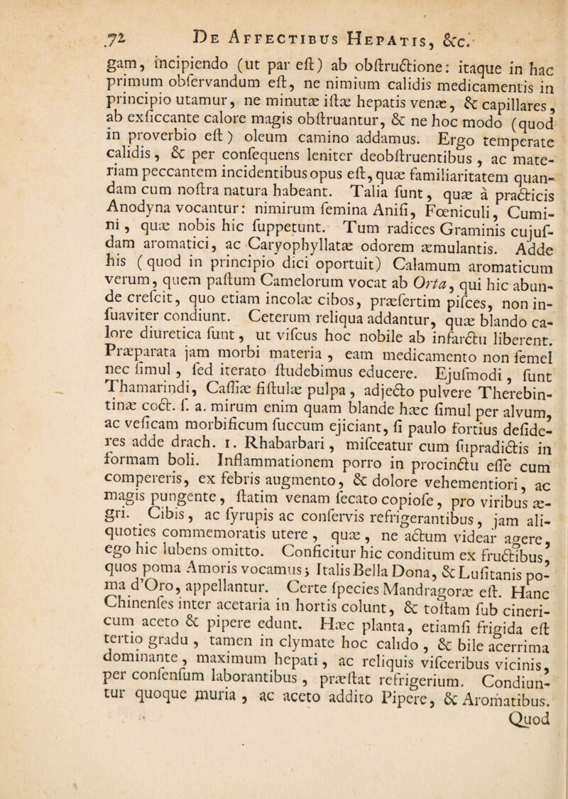 gam, incipiendo (ut par eft) ab obrirudione: itaque in hac primum obfervandum eft, ne nimium calidis medicamentis in principio utamur, ne minutte iftx hepatis venx, fc capillares, ab exficcante calore magis obftruantur, & ne hoc modo (quod in proverbio eft) oleum camino addamus. Ergo temperate calidis, &: per confequens leniter deobftruentibus, ac mate¬ riam peccantem incidentibus opus eft, qua; familiaritatem quan- damcum noftra natura habeant. Talia funt, qu^ a pradticis Anodyna vocantur: nimirum femina Anifi, Foeniculi, Cumi¬ ni , qua: nobis hic iuppetunt. Tum radices Graminis cujuf- dam aromatici, ac Caryophyllatte odorem aemulantis. Adde his (quod in principio' dici oportuit) Calamum aromaticum verum, quem paftum Camelorum vocat ab Orta^ qui hic abun¬ de crefeit, quo etiam incola; cibos, praifertim pifees, non in- fuaviter condiunt. Ceterum reliqua addantur, quie blando ca¬ lore diuretica funt, ut vifcus hoc nobile ab infanftu liberent. Pixpaiata jam morbi materia , eam medicamento non femel nec fimul, fed iterato ftudebimus educere. Ejufmodi, funt Thamaiindi, Caflia; ftftulae pulpa, adjedto pulvere T*herebin- tina: codb. f. a. mirum enim quam blande htec fimul per alvum ac veficam morbificum fuccum ejiciant, fi paulo fortius defide- les adde diach. i. Rhabarbari, mifeeatur cum fiipradidtis in formam boli. Inflammationem porro in procindlu efle cum competeris, ex febris augmento, & dolore vehementiori, ac magis pungente, ftatim venam fecato copiofe, pro viribus se- gn. Cibis, ac fyrupis ac confervis refrigerantibus, jam ali¬ quoties commemoratis utere , quse , ne aftum videar agere ego hic lubens omitto. Conficitur hic conditum ex frudtibus* quos poma Amoris vocamus; Italis Bella Dona, ScLufitanis po- ma d’Oro, appellantur. Certe fpecies Mandragora: eft. Hmc Chinenfes inter acetaria in hortis colunt, & tollam fiib cineri- cum aceto 6c pipere edunt. Hxc planta, etiamfi frigida eft tertio gradu , tamen in clymate hoc calido , & bile acerrima dominante maximum hepati, ac reliquis vifceribus vicinis, per confenfum laborantibus , pneflat refrigerium. Condiun¬ tur quoque muria , ac aceto addito Pipere, &: Aroriiatibus. Quod