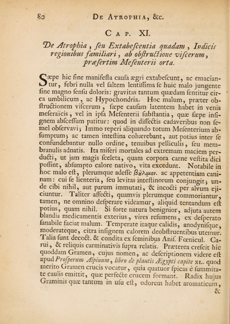 fso De AtrophiAj &c. Gap. XI. ^De Atrophia , feu Extabefcentia quadam , Iu di cis regionibus familiari ^ ab obfruitione vifcerum ^ priefertim Mefenterii orta. Saepe hic fine manifefla caufa aegri extabefcunt, ac emacian¬ tur, febri nuila vel faltem lentiffimafe huic malo jungente fine magno fenfu doloris: gravitas tantum quaedam fenritur cir- * ca umbilicum 5 ac Hypochondria. Hoc malum, praeter ob- llruftionem vifcerum , faepe caufam latentem habet in venis meferaicis, vel in ipfa Mefenterii fubftantia, qu^e faepe infi- gnem abfcefilim patitur; quod in difiedtis cadaveribus non fe- mel obfervavii Immo reperi aliquando totum Mefenterium ab- fumpcum; ac tamen intefiina coh^rebant, aut potius inter fe confundebantur nullo ordine, tenuibus pelliculis, feu mem¬ branulis adnatis. Ita miferi mortales ad extremam maciem per- dufti, ut jam magis fceleta, quam corpora carne veftita dici pofiint, abfumpto calore nativo, vita excedunt. Notabile in hoc malo eft, plerumque adefle ac appetentiam cani¬ nam: cui fe lienteria, feu levitas inteftinorum conjungit; un¬ de cibi nihil, aut parum immutati, ^ incodli per alvum eji¬ ciuntur. Taliter affefti, quamvis plerumque commoriantur, tamen, ne omnino defperare videamur, aliquid tentandum eft potius, quam nihil. Si forte natura benignior, adjuta autem blandis medicamentis exterius, vires refumens, ex defperato fanabile faciat malum. Temperate itaque calidis, anodynifque, moderateque, citra infignem calorem deobftruentibus utemur. Talia funt decoft. & condita ex feminibus Anif. Foenicul. Ca- rui, 6c reliquis carminativis fupra relatis. Praeterea crefcit hic quoddam Gramen, cujus nomen, ac defcriptionem videre efl ^'^ud^ProJpeTUM j^lpinum^ lihvo cieplcintis jplgypti ccipite xl. quod rneiito Gramen crucis vocatur, quia quatuor fpicas e fummita- te caulis emittit, quas perfedte crucem formant. Radix hujus Graminis quas tantum in ufu ell, odorem habet aromaticum, &