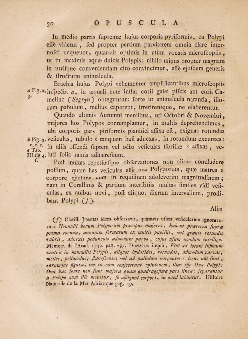 /~ 3° OPUSCULA In medio partis fupremse hujus corporis pyriformis, os Polypi efle videtur , fed propter partium parvitatem omnia clare inter- nofci nequeunt, quamvis optimis in ufum vocatis microfcopiis y ut in maximis aquae dulcis Polypis: nihilo minus propter magnam in utrifque convenientiam cito convincimur, effe ejufdem generis & ftru&urae animalcula. Brachia hujus Polypi vehementer amplificantibus microfcopiis a frg. 2, infpe6la a, in aequali cute inftar corii galei pifcis aut corii Ca- meline (Segryn) obteguntur: forte ut animalcula natantia , illo¬ rum pabulum, melius caperent, irretirentque, ne elaberentur. Quando ultimis Autumni menfibus, uti Odlobri & Novembri, majores hos Polypos contemplamur, in multis deprehendimus , ubi corporis pars piriformis planitiei affixa eft, exiguas rotundas i> Fig.3. veficulas, tubulo b tanquam bafi adnexas, in rotundum exeuntes: c’c,,c* in aliis offendi fep.tem vel 06I0 veficulas fibrillae c affixas , ve- IILfig-4.1uti folia ramis adhaerefeunt. Poft multas repetitafque obfervationes non aliter concludere polium, quam has veficulas effe ova Polyporum, quae matres e corpore ejiciunt cum in requifitam adoleverint magnitudinem ; nam in Corallinis & partium interflitiis multas fimiles vidi vefi¬ culas, ex quibus novi, poft aliquot dierum intervallum, prodi¬ bant Polypi (/). Aliae (/) Clarifl. Jussieu idem obfervavit, quamvis ufum veficuIarMm ignorave¬ rit : Nonnulli horum Polyporum pracipue majores , habent praterea fupra prima cornua, annulum formatum ex multis papillis, vel granis rotundis rubris , adnexis pedunculo admodum parvo , cujus ufum nondum intelligo, Memoir. de i’Acad. 1742. pag. 297. Donatus inquit. Fidi ad locum infimum ventris in nonnullis Polypis , aliquot hydatides, rotundas, admodum parvas, molles, pellucidas, flavefeentes vel ad pallidum vergentes : locus ubi funt, e arumque figura, me in eam conjecerunt opinionem, illas effe Ova Polypi: Ova hac forte non funt majora quam quadragefima pars linea: feparantur a Polypo cum ille movetur, fe affigunt corpori, in quod fabuntur, Hiftoire Naturelle de h Mer Adriatique pag. 49, f.