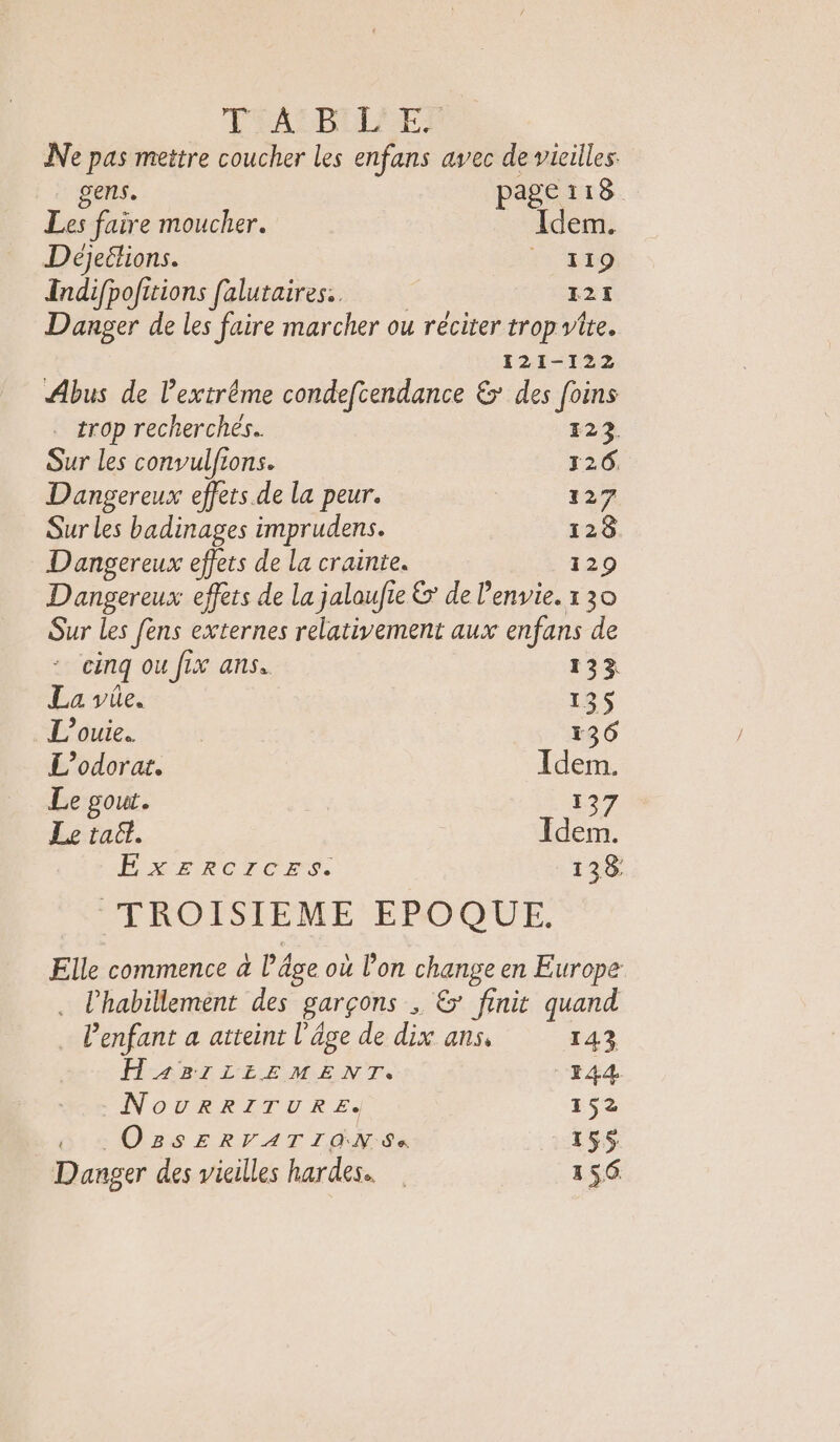 FRATBLLEE: Ne pas mettre coucher les enfans avec de vicilles. gens. page 118. Les faire moucher. Idem. Déjeétions. | 119 Indifpofitions falutairess. 121 Danger de les faire marcher ou réciter trop vite. 121-122 Abus de l'extrême condefcendance &amp; des foins . trop recherchés. 123. Sur les convulfions. 126, Dangereux effets. de la peur. 127 Sur les badinages imprudens. 128 Dangereux effets de la crainte. 129 Dangereux effets de la jalaufie &amp; de l'envie. 1 30 Sur les fens externes relativement aux enfans de : cinq ou fix ans. 133 La vie. 135 L'ouie. | 136 L’odorat. Idem. Le gout. 13 + D 4 in ExzrrcrcES. 138 ‘TROISIEME EPOQUE. Elle commence à l'âge où l’on change en Europe . l'habillement des garçons ; &amp; finit quand lenfant a atteint l’âge de dix ans, 143 HA4BILEEMENT. 144 NovRRITURE. ES2 _OZSERVATIONSA 15$ Danger des vicilles hardes. 156