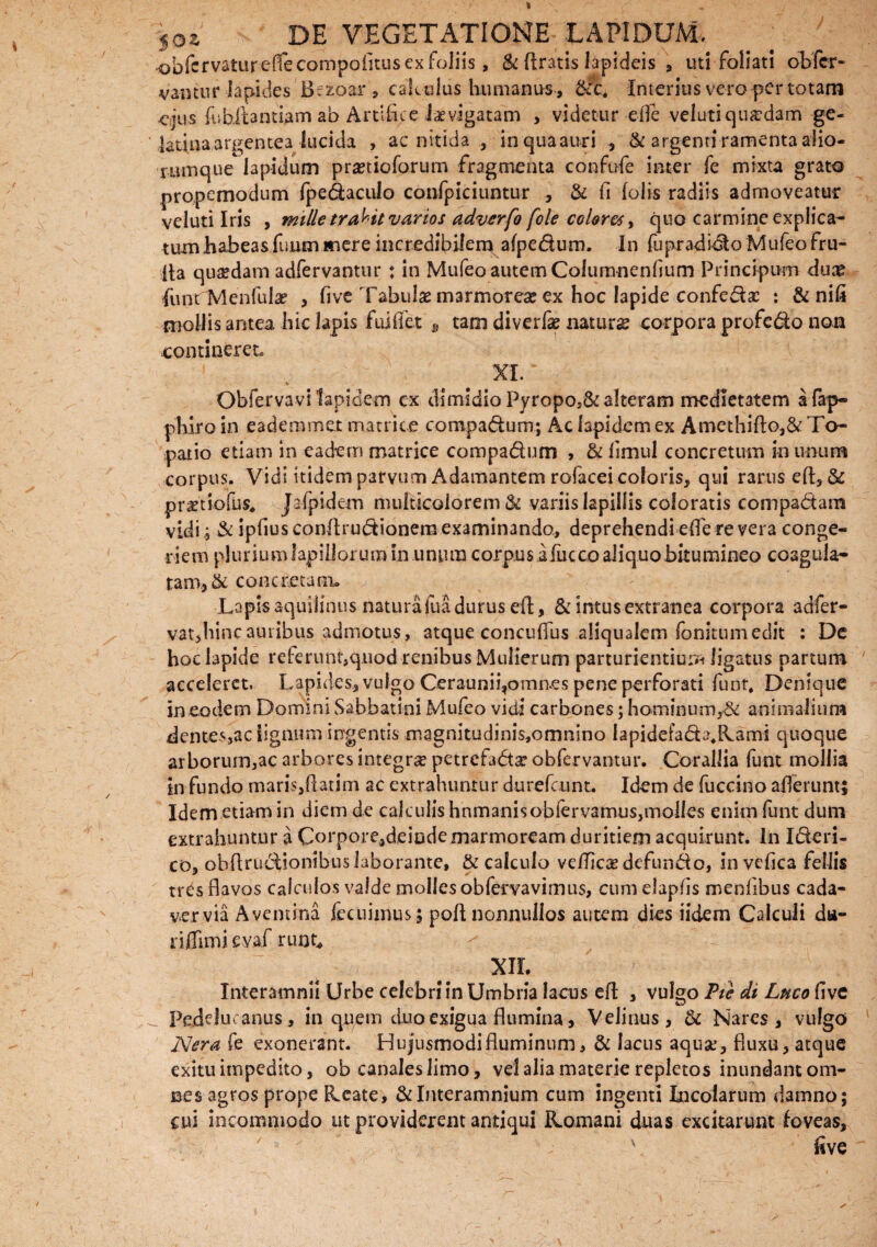 obfcrvatur eflecompofitus ex foliis, & (Iratis lapideis , uti foliati obfcr- va-ntur Iapides Bezoar , calculus humanus , &:ct Interius vero per totam ejus fubifantiam ab Artifice Jaevigatam > videtur efle velutiquadam ge- ' latina argentea lucida , ac nitida , in qua auri , & argenti ramenta alio- rumque lapidum p radiolorum fragmenta confide inter fe mixta grato propemodum fpedaculo confpiciuntur , & fi (olis radiis admoveatur veluti Iris , mille tradit varios adverfo fole coloret, quo carmine explica¬ tum habeas fuum «iere incredibilem afpedum. In fupradi-do Mufeo fru- Ita quaedam adfervantur : in Mufeo autem Columnenfium Principum duce funt Menfula? , five Tabulae marmorea? ex hoc lapide confeda: : & nili mollis antea hic lapis fuilTet „ tam diverfae naturae corpora profedo non conti ner et» XI. -V Obfervavi lapidem cx dimidio Pyropo,& alteram medietatem afap- phlroin eademmct matrice compadum; Ac lapidem ex Amethifto3&To- patio etiam in eadem matrice compadum , & limul concretum in unum corpus. Vidi itidem parvum Adamantem rofaceicoloris, qui rarus efl:,& praetiofus* Jafpidem multicolorem & variis lapillis coloratis compactam vidi; & ipfiusconftrudioneraexaminando, deprehendi efle re vera conge¬ riem plurium lapillorum in unum corpus iliicooaliquobitumineo coagula¬ tam, & concretam* Lapis aquilinus natura fua durus eft, & Intus extranea corpora adfer- vat,hincauribus admotus, atque concufius aliqualem fonitum edit : De hoc lapide referunt,quod renibus Mulierum parturientium ligatus partum acceleret» Lapides, vulgo Ceraunii,omn.es pene perforati funt, Denique in eodem Domini Sahbatini Mufeo vidi carbones; hominum,& animalium dentes,ac Agnum ingentis magnkudinis,omnino lapidefada.lCami quoque arborum,ac arbores integra? petrefada? obfervantur. Corallia funt mollia in fundo maris,ftatim ac extrahuntur durefeunt. Idem de fuccino aderunt; Idem etiam in diem de calculis hnmanisobfervamus}molles enim funt dum extrahuntur a Corpore,deiodemarmoream duritiem acquirunt. In Ideri- co, obdruefionibuslaborante, & calculo ve/Tica? defundo, in vefica fellis tres flavos calculos valde molles obfervavimus, cumelapfls menfibus cada¬ ver via Avemina fccuimus; pod nonnullos autem dies iidem Calculi da- riffimi evaf runt, XIL Interamnii Urbe celebri in Umbria lacus efl 3 vulgo Pie di Luco flve _ Pejeluc anus, in quem duo exigua flumina, Velinus, & Nares, vulgo Ner a fe exonerant. Hujusmodi fluminum, & lactis aquse, fluxu, atque exitu impedito, ob canales limo, vel alia materie repletos inundant om¬ nes agros prope Heate, & Interamnium cum ingenti Incolarum damno; cui incommodo ut providerent antiqui Komani duas excitarunt foveas, \ Uve