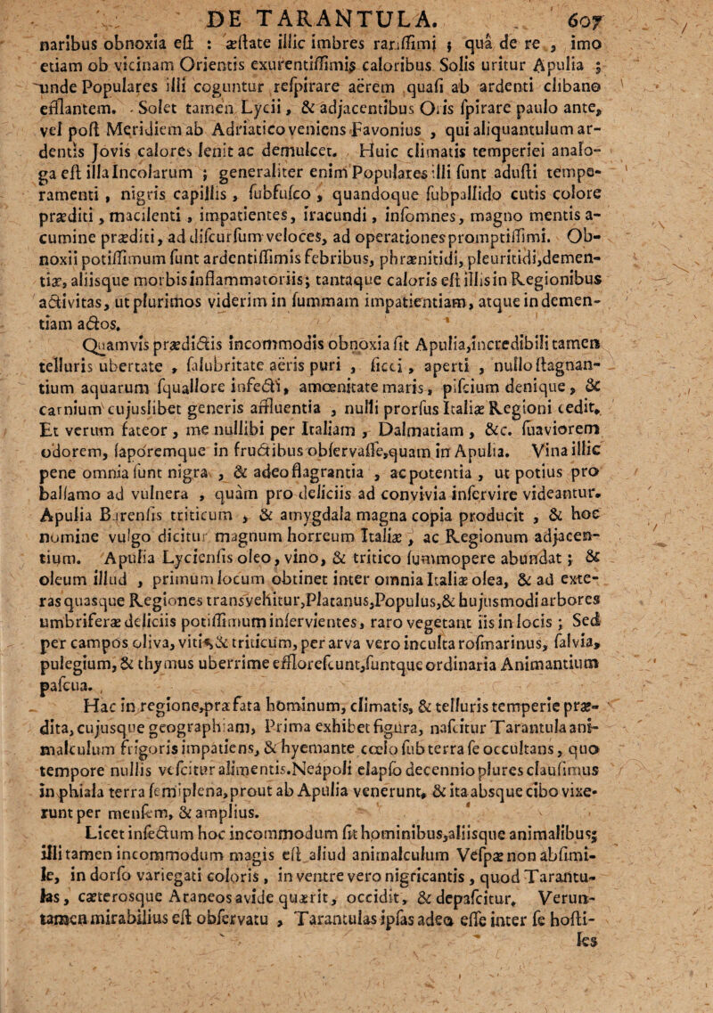 naribus obnoxia efl; : sdiate iliic imbres rar;ffimj $ qua de re , imo etiam ob vicinam Orientis exurentifflmi$ caloribus Solis uritur Apulia 5 ~nnde Populares illi coguntur rcfpirare aerem quafi ab ardenti clibano efflantem. - Solet tamen Lycii, & adjacentibus Oris fpirarc paulo ante* vel pofl Meridiem ab Adriaticoveniens Favonius , qui aliquantulum ar¬ dentis Jovis calores lenit ac demulcet. Huic climatis temperiei analo¬ ga efl illa Incolarum j generaliter enim Populares illi fune adufli tempe¬ ramenti , nigris capillis, fubfufco, quandoque fubpaifido cutis colore prsediti , macilenti , impatientes, iracundi, infomnes, magno mentis a- cumine praedici> ad difeorfum veloces, ad operationespromptiffimi. Ob¬ noxii potifflmum funt ardentifflmisfebribus, phrenitidi, pleuritidi,demen« tie9 aliisque morbis inflammatoriis \ tantaque caloris eft ilhsin Regionibus activitas, ut plurimos viderim in fummam impatientiam, atque in demen¬ tiam ados. 7 ;; Quamvis predidis incommodis obnoxia iit Apulia,incredibili tamen telluris ubertate , falubritate aeris puri , ficti, aperti , nullo flagnan- tium aquarum fquailore infedi, amoenitate maris, pifeium denique, &£ carniunrfcujushbet generis affluentia , nulli prorfus Italiae Regioni cedit» Et verum fateor , me nullibi per Italiam , Dalmatiam , &c. fuaviorem odorem, (apdremque in frudibus obfervafle,quam in Apulia. Vina illic pene omnia iunt nigra , & adeo flagrantia , ac potentia , ut potius pro baHamo ad vulnera , quam pro deliciis ad convivia infervire videantur. Apulia B irenfis triticum , & amygdala magna copia producit , & hoc nomine vulgo dicitur magnum horreum Italiae * ac Regionum adjacen¬ tium. Apulia Lycienfis oleo , vino, & tritico fgmmopere abundat ; & oleum illud , primum locum obtinet inter omnia Italiae olea, & ad exte¬ ras quasque Regiones trans vehitur,Platanus,Populus,& hujusmodi arbores umbriferae deliciis potifflmum infervientes, raro vegetant iis in locis; Sed per campos oliva, vitK& triticum, per arva vero inculta rofmarinus, falvia* pulegium, & thymus uberrime efflorefcunt/untque ordinaria Animantium pafcua. , s x - 7 (T Hac in regioneq^rafata hominum, climatis, & telluris temperie prae¬ dita, cujusque geographiam, Prima exhibet figura, nafeitur Tarantula ani- makulum fngorisimpatiens,& hyemante coelofubterrafeoccultans, quo tempore nullis vcfcituraljmentis.NeiipoJi elapfo decenniopluresclaufinuis jnxphiala terra femiplena,prout ab Apulia venerunt, & ita absque cibo vixe¬ runt per menfem, & amplius. * Licet infedum hoc incommodum fithominibus,aliisque animalibus; illi tamen incommodum magis eifialiud animalculum Vefpsnon abfimt- le, in dorfo variegati coloris , in ventre vero nigricantis , quod Tararttu- hs y caeterosque Araneos avide quaerit, occidit, & depafeitur, Verun- tanaen mirabilius efl obfervatu , Taramulasipfasadea effe inter fe hofti- :V'' .... v ‘ ^ ' ks / ; r/ \