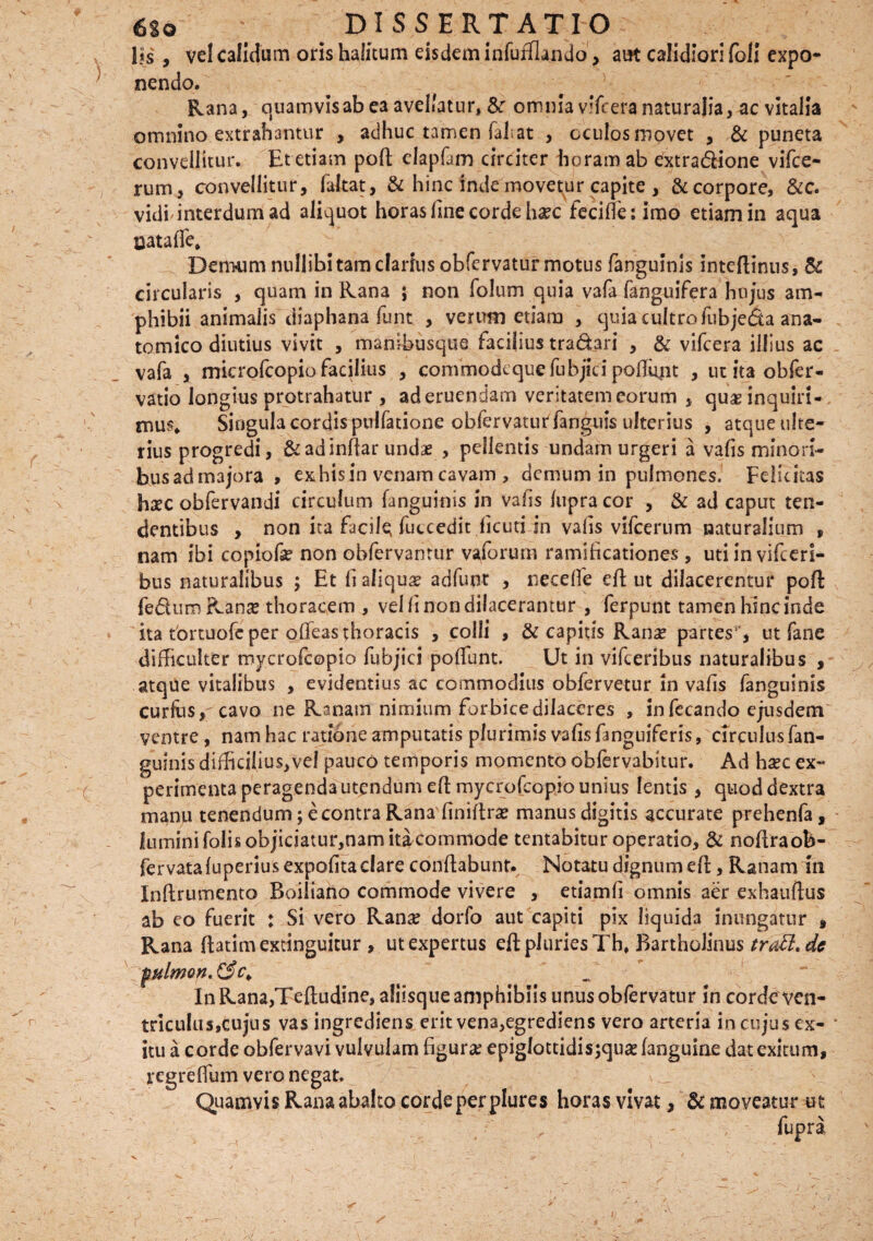 l?s , vel calidum oris halitum eisdem infufflando, aut calidiori foli expo¬ nendo. Rana, quamvis ab e3 avellatur, &r omnia vlfcera naturalia, ac vitalia omnino extrahantur , adhuc tamen Tai; at , oculos movet , & puneta convellitur. Et etiam poft elapfam circiter horam ab extra&ione vifce- rum , convellitur, faltat, & hinc inde movetur capite , & corpore, &c. vidi interdum ad aliquot horas line corde haec fecifie:irao etiam in aqua nata fle» Demum nullibi tam clarius obfervatur motus fanguinis intcftinus, 5c circularis , quam in Rana j non folum quia vafa (anguifera hujus am¬ phibii animalis diaphana funt , verum etiam , quia cultro fubjeda ana¬ tomico diutius vivit , manibusque facilius tradari , & vifcera illius ac vafa , microfcopio facilius , com mode que fubjici pofiunt , ut ita obfer- vatio longius protrahatur , aderuendam veritatem eorum , quaeinquiri- mu$* Singula cordis puifatione obfervatur fanguis ulterius , atque ulte¬ rius progredi, & ad inftar undas , pellentis undam urgeri a vafis minori¬ bus ad majora > ex his in venam cavam , demum in pulmones. Felicitas hxc obfervandi circulum fanguinis in vafis /upra cor , & ad caput ten¬ dentibus , non ita facile fuccedit ficuti in vafis vifcerum naturalium , nam ibi copiofe non obfervantur vaforum ramificationes , uti in vifceri- bus naturalibus ; Et fi aliquae adfunt , necefle efi: ut dilacerentur poft fedura Ranas thoracem , vel finon dilacerantur , ferpunt tamen Hinc inde ita tortuofc per ofleas thoracis , colli , & capitis Ran«e partes1', ut fane difficulter mycrofcopio fubjici pofiunt. Ut in vifceribus naturalibus , atque vitalibus , evidentius ac commodius obfervetur in vafis fanguinis curfos,- cavo ne Ranam nimium forbice dilaceres , in fecando ejusdem ventre, nam hac ratione amputatis plurimis vafis fanguiferis, circulus fan¬ guinis diffici(ius,vef pauco temporis momento obfervabitur. Ad hxc ex¬ perimenta peragenda utendum efi; mycrofcopio unius lentis , quod dextra manu tenendum; e contra Rana finiftne manus digitis accurate prehenfa, lumini falis objiciatur,namita commode tentabitur operatio, & noftraob- fervatafuperius expofita clare conflabunt. Notatu dignum efi:, Ranam in Inftrumento Boiliano commode vivere , etiamfi omnis aer exhauftus ab eo fuerit : Si vero Ranae dorfo aut capiti pix liquida inungatur , Rana ftatimextinguicur , ut expertus efi: pluries Th, Bartholinus tratt.de gHlmon.&c,, In Rana,Teftudine, aliisque amphibiis unus obfervatur in corde ven¬ triculus,cujus vas ingrediens erit vena,egrediens vero arteria in cujus ex¬ itu a corde obfervavi vulvulam figura; epiglottidis;qua? (anguine dat exitum, regrefium vero negat. Quamvis Rana abalto corde per plures horas vivat, & moveatur ut