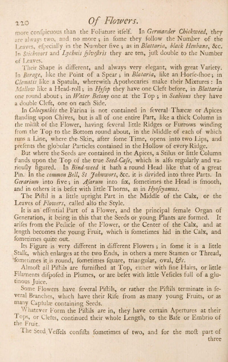 more confpicuous than the Foliature itfelf. In Germander Chickweed, they are always two, and no more ; in lome they follow the Numjber of the leaves, efpecially in the Number five •, as in Blattaria, black Henbane, &c. In Stichwort and Lychnis fylveftris they are ten, juft double to the Number of Leaves. Their Shape is different, and always very elegant, with great Variety. In Borage, like the Point of a Spear; in Blataria, like an Horfe-fhoe ; in Clematis like a Spatula, wherewith Apothecaries make their Mixtures : In Mallow like a Head-roll; in Hyfop they have one Cleft before, in Blattaria one round about; in Water Betony one at the Top ; in Scabious they have a double Cleft, one on each Side. In Colocynthis the Farina is not contained in feveral Thsecre or Apices Handing upon Chives, but is all of one entire Part, like a thick Column in the mi’dft of the Flower, having feveral little Ridges or Furrows winding from the Top to the Bottom round about, in the Middle of each of which runs a Line, where the Skin, after fome Time, opens into two Lips, and prefents the globular Particles contained in the Hollow of every Ridge. But where the Seeds are contained in the Apices, a Stilus or little Column Hands upon the Top of the true Seed-Cafe, which is alfo regularly and va- riouQy figured. In Bind weed it hath a round Head like that of a great Pin. In the common Bell, St Johnwort, &c. it is divided into three Parts. In Geranium into five; in Afarum into fix, fometimes the Head is fmooth, and in others it is befet with little Thorns, as in Hyofcyamus. The Piftil is a little upright Part in the Middle of the Calx, or the Leaves of Flowers, called alio the Style. It is an effential Part of a Flower, and the principal female Organ of Generation, it being in this that the Seeds or young Plants are formed. It arifes from the Pedicle of the Flower, or the Center of the Calx, and at length becomes the young Fruit, which is fometimes hid in the Calx, and fometimes quite out. Its Figure is very different in different Flowers ; in fome it is a little Stalk, which enlarges at the two Ends, in others a mere Stamen or Thread, fometimes it is round, fometimes fquare, triangular, oval, &c. Alrnoft all Piftils are furnifhed at Top, either with fine Hairs, or little Filaments difpofed in Plumes, or are befet with little Veficles full of a glu¬ tinous Juice. Some Flowers have feveral Piftils, or rather the Piftils terminate in fe¬ veral Branches, which have their Rife from as many young Fruits, or as many Capiulae containing Seeds. Whatever Form the Piftils are in, they have certain Apertures at their Pops, or Clefts, continued their whole Length, to the Bale or Embrio of the Fruit. I he Seed Veffels confifts fometimes of two, and for the mod part of three