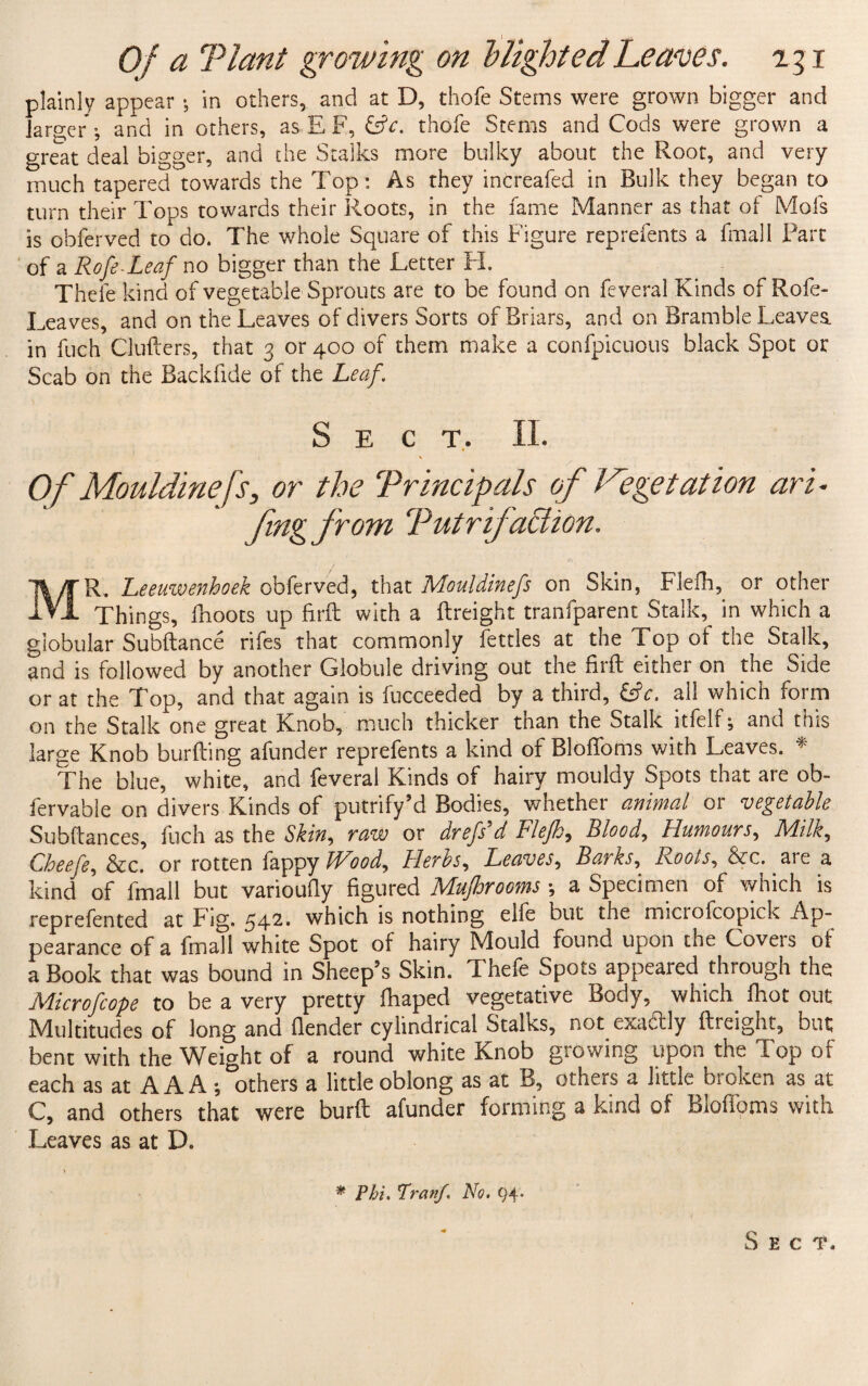 Oja Plant growing on blighted Leaves. 231 plainly appear; in others, and at D, thofe Stems were grown bigger and larger ; and in others, as E F, &c. thofe Stems and Cods were grown a great deal bigger, and the Stalks more bulky about the Root, and very much tapered towards the Top: As they increafed in Bulk they began to turn their Tops towards their Roots, in the fame Manner as that of Mofs is obferved to do. The whole Square of this Figure reprefents a fmali Part of a Rofe-Leaf no bigger than the Letter H. Thefe kind of vegetable Sprouts are to be found on feveral Kinds of Role- Leaves, and on the Leaves of divers Sorts of Briars, and on Bramble Leaves, in fuch Clutters, that 3 or 400 of them make a confpicuous black Spot or Scab on the Backfide of the Leaf. Sect. II. Of Mouldinefs, or the Principals of Vegetation art- fing from Putrifaction. MR. Leeuwenhoek obferved, that Mouldinefs on Skin, Flefh, or other Things, fhoots up firft with a ftreight tranfparent Stalk, in which a giobular Subftance rifes that commonly fettles at the Top ot the Stalk, and is followed by another Globule driving out the firft either on the Side or at the Top, and that again is fucceeded by a third, £j?c. all which form on the Stalk one great Knob, much thicker than the Stalk itfelf; and this large Knob burfting afunder reprefents a kind of Bloffoms with Leaves. * The blue, white, and feveral Kinds of hairy mouldy Spots that are ob- fervable on divers Kinds of putrify’d Bodies, whether animal or vegetable Subftances, fuch as the Skin, raw or drefs’d Flefh, Blood, Humours, Milk, Cheefe, &c. or rotten fappyffW, Herbs, Leaves, Barks, Roots, See. are a kind of fmali but varioufly figured Mufhrooms ; a Specimen of which is reprefented at Fig. 542. which is nothing elfe but the microfcopick Ap¬ pearance of a fmali white Spot of hairy Mould found upon the Covers of a Book that was bound in Sheep’s Skin. Thefe Spots appeared through the Microfcope to be a very pretty Ihaped vegetative Body, winch fhot out Multitudes of long and (lender cylindrical Stalks, not exactly ftreight, but bent with the Weight of a round white Knob growing upon the Top of each as at A A A ; others a little oblong as at B, others a little broken as at C, and others that were burft afunder forming a kind of Bloffoms with Leaves as at D„ * Phi. TranJ.\ No. 94. Sect.