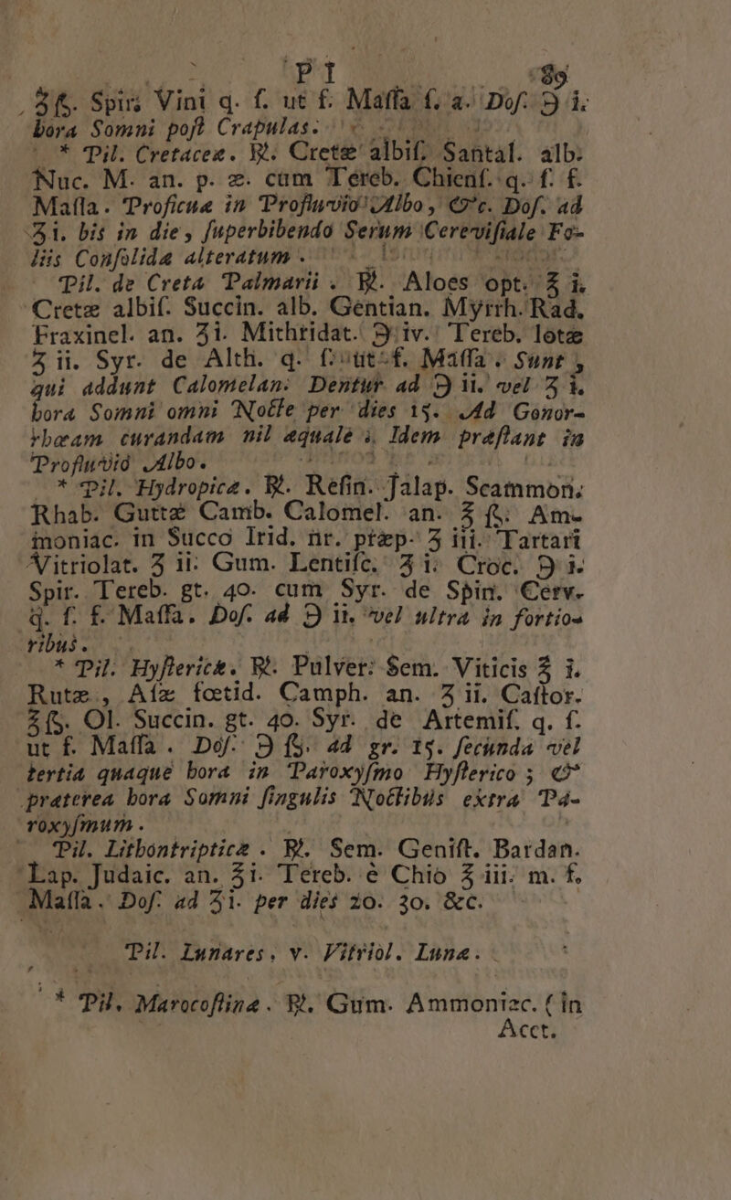 Dro. Rr MU ^ gy . 8f. Spi Vini q. f. ut £. Maffa £, a. Do. B i. bora Somni pofl Crapulas. 6 0 00 *0* pil. Cretacez. bt. Crete albif; Santal. alb: Nuc. M. an. p. z. cam Tereb. Chienf.:q. f: f. Matla. TProficue in Profl-vio? Albo ,' €?*c. Dof. ad Ji. bis in die, fuperbibendo Serum Cerevifiale Fo- lis Confolida alteratum «^ cot ots (c Til. de Creta. Palmari . Y. Aloes opt. A i. Crete albif. Succin. alb. Gentian. Myrrh. Rad. Fraxinel. an. 5i. Mithridat. 3: iv.' Tereb. lote ii Syr. de Alth. q. Ctt-£. Maffa « Supr , qui addunt Calomelan: Dentur ad P) ii. vel. 5 i. bora Somni omni Noble per dies 13. .4d Gonor- kbeam curandam nil equale i, ldem. praflant. in Profiusid: J4lbo. e^MOS REUS pun * vil. Hydropicz. Bt. Refin. Jalap. Scammon; Rhab. Guttz Camb. Calomel. an. 3 (4; Am- inoniac. in Succo lrid. nr. pt&amp;ep- 5 iii. Tartari Alitriolat. 3 ii: Gum. Lentifc; 3i; Croc. 9 i Spir. Tereb. gt. 40. cum Syr. de Spin. Cerv. dq. f. £- Maffa. Dof. ad D it. vel ultra in fortio- rbui. (ü | ! * pil Hyflerick. R. Pulver: $em. Viticis 5 i. Rute, Aíz fotid. Camph. an. 53 ii. Caítor. (S. Ol. Succin. gt. 49. Syr. de Artemif. q. f. ut f. Maffa. Dof. 9 (S. 4d gr. 13. fecunda vel lertia quaque bora in 'Paroxyfmo Hyflerico 5 €? praterea bora Somni fingulis Notlibus extra 'Pa- TOxy/mum . | —— fPil. Litbontriptice . Bi. Sem. Genift. Bardan. 'Lap. Judaic. an. 3i. Tereb. &amp; Chio Z iii. m. f. Malla. Dof. ad 5i. per dies 20. 30. &amp;C.— Ti. Lunares,. v. Vitriol. Luna. , * PH. Marocofline . Ri. Gum. Ammontiec. ( in Acct.