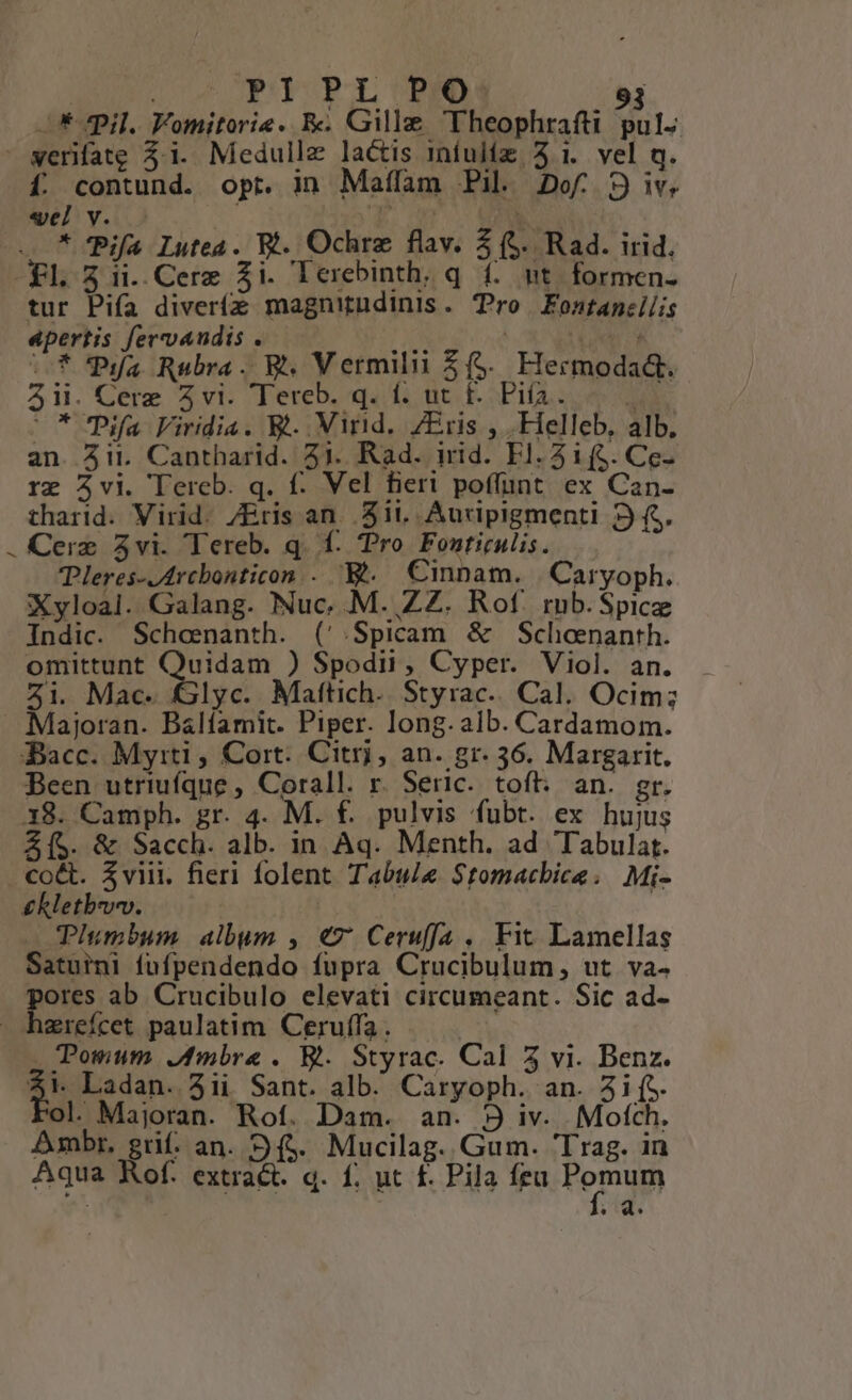 —* Pil. Vomitorie. &amp;. Gille Theophrafti pul- - werifate 3:1. Medullz lactis iníulíz 3.1. vel q. í. contund. opr. in Maífam Pil 2Dof 9 iv. «eel v. ; Y. NN . * Rifa Lutea. Wi. Ochre flav. 5 ($. Rad. irid. -£Ll. 5 ii..Cere Zi. Terebinth. q.- f. nt. formen- tur Pifa diveríe magnindinis. Tro Fontancilis apertis fervaudis . »5. | Tn DOT Pyja Rabra. WS Vermilii $($. Hecmodadt. Aii. Cerz vi. Tereb. q. i. ut f. Pifa. Md * Pifa Viridia. Bt. Virid.. ZEris , Flelleb, alb. an. 3it Cantharid. 5j. Rad. irid. El. 51(5. Ce- rg 5vi. Tercb. q. f. Vel fieri poffunt ex Can- tharid. Virid. /Eris an. 511. Auripigmenti 5 f$. . Cere vi. Tereb. q. f. Tro Fonticulis. Pleres-AArcbonticon . E. Cinnam. | Caryoph. Xyloal. Galang. Nuc. .M. ZZ. Rof. rnb.Spicz Indic. Schoenanth. ('.Spicam &amp; Schoenanth. omittunt Quidam ) Spodii, Cyper. Viol. an. 2i. Mac. Glyc. Maftich.. Styrac.. Cal. Ocim; . Majoran. Balfamit. Piper. long. alb. Cardamom. Bacc. Myiti, Cort. Citrj, an. gr. 56. Margarit. Been utriufque , Corall. r. Seric. toft:. an. gr. 38. Camph. gr. 4. M. £. pulvis fubt. ex hujus &amp;(S. &amp; Sacch. alb. in Aq. Menth. ad Tabular. co&amp;t. 3viii. fieri folent Tabwle Stomacbice. Mi- £kletbov. | Plumbum. album , €7 Ceruffa . Fit Lamellas Satuini fufpendendo fupra Crucibulum, ut va- pe ab Crucibulo elevati circumeant. Sic ad- - hzrefcet paulatim Ceruffa . | . Powum Jfmbre . B. Styrac. Cal 5 vi. Benz. E Ladan. 3ii Sant. alb. Caryoph. an. 3i (S. l. Majoran. Rof. Dam. an. 9 iv. Mofch. Ambr, grif. an. 9(&amp;. Mucilag. Gum. Trag. in Aqua Kof. extract. q. f. ut f. Pila feu Pomum (4