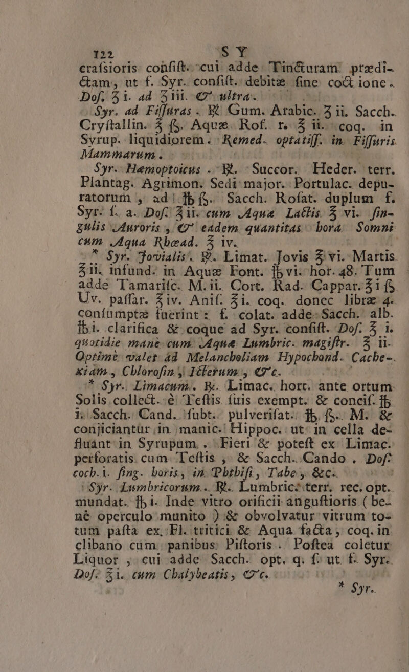 erafsioris. confift. «cui. adde: Tin&amp;uram: predi- Cam; ut f. Syr. confit. debite. fine. co&amp; ione. Dof. 5i. ad 51i. ^ ultra. $yr. ad. Fifluras . R&amp;. Gum. Arabic. ii. Sacch.. Cry (tallin. 4 (S. Aqua Rof. r. $ i. coq. in Svrup. liquidioreimn . Remed. optatiff. in. Fiffuris Mammarum. --— $yr- Hemoptoicus .- Bt. Succor. Heder. terr. Plantag. Agrimon. Sedi' major. Portulac. depu- ratorum , ad! jbí5. Sacch. Rofat. duplum f. Syr: f. a. Dof: 31i. cum. JAqua Latlis &amp; vi. fin- gulis JAuroris )/€7 verde quantitas bora | Somni CRM Aqua Rbead. | o $yr. jovialis. &amp;. qifat. Jovis 3, vi. Martis. 41i. infund. in Aquz Lont. jb vi. hor. 48. Tum adde Tamarifc. M.ii. Cort. Rad. Cappar. 3i f$ Uv. paffar. Ziv. Anif. $i. coq. donec libre 4. eM Pa fuerint : £' colat. adde- Sacch. alb. clarifica &amp; coque ad Syr. confift. ia $1 mii: mane. cum. JAquae. Lumbric. magifir. 5 i. Optime valet. 4d. Melancholiaum. Hypocbond. Cacbe-. xiam., Cblorofin y Icferum , €7'c. ^ $yr. Limacum.. R. Limac« hort. ante ortum. Less colle&amp;.:é Feftis fuis exempt. &amp; ey lb «Sacch.. Cand..'fuübt.. pulverifat.: $5. fS.. reip we in. manic.! Hippoc. ut: in ins des fluant in Syrupum.. Fieri &amp; poteft ex. Limac. perforatis. cum. Teftis ,^ &amp; Sacch..Cando . Dof: cocb.i. fing. boris, in Pbtbifi , Tabe ,. &amp;c. , oSyr- iumbricorum.-. Bt. Lumbric?terr. rec. opt. mundat. fbi. Inde vitro orificii- anguftioris ( be- né operculo munito ) &amp; obvolvatur' vitrum to- tum pafta ex,:El. tritici &amp; Aqua facta , coq. in clibano cum. panibus: Piftoris . /Pofteá. coletur Liquor ; cui adde Sacch. opt. q. f: wi Syr. Dof. $1. cum. Cbalybeatis , Cc. AY LA