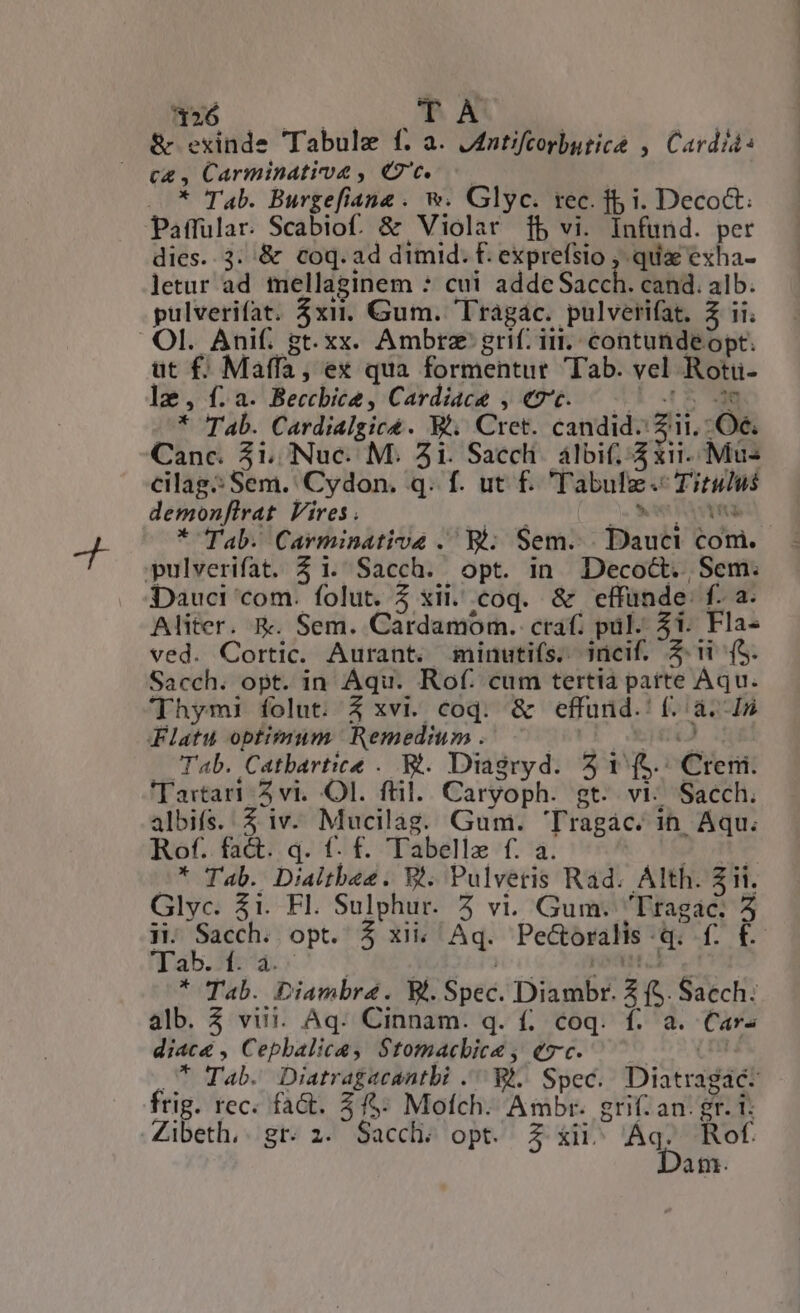 DM — |] | | &amp; exinde CTabule f. a. J4ntifcorbutice ,. Cardid: cz, Carminativa, e ..* Tab. Burgefiane. w. Glyc. rec. f5 i. Deco&amp;: Paffular. Scabiof. &amp; Violar [b vi. Infund. per dies. 3. &amp; coq. ad dimid. F. exprefsio , quia exha- letur ad mellaginem * cui adde Sacch. cand. alb. pulverifat. 3xn. Gum. Tragác. pulverifat, Z ii. OI. Anif. gt. xx. Ambre grif. ir. contundeopt. ut f. Maffa, ex qua formentut Tab. vel Rotüu- le, f.a. Beccbice, Cardiace , «€. — 5 0 * Tab. Cardialgicé. W^. Cret. candid. 3i. Oe. Canc. 31, Nuc. M. A1. Sacch. álbif. 5 xii. Mus cilag: Sem. Cydon. q. f. ut f. 'abulg. Titulus demonflrat Vires. ui gi Je RUNE * Tab. Carminativa .' Bi: Sem. Dauci com. pulverifat. 5 1. Sacch. opt. in Decoct. Sem. Dauci 'com. folut. 5 xii. coq. &amp; effunde: f. a. Aliter. R&amp; Sem. Cardamom. craf; pil. 31. Fla- ved. Cortic. Aurant. minutifs.. iücif. Z1 (S. Sacch. opt. in Aqu. Rof. cum tertia parte Aqu. 'Thym!i folut. 4 xvi. coq. &amp; effund.' f. à. 15 Flatu optimum Remedium . ge — Tab. Catbartice .. Wi. Diagryd. 5 1 (S.. Creri. 'Tartari 5 vi. Ol. ftil. Caryoph. gt. vi: Sacch. albifs. $ iv. Mucilag. Gum. 'Tragàác. in. Aqu; Rof. fa&amp;. q. t. f. Tabelle f. a. 4 mv 5* Tab. Dialtbez. V. Pulvertis Rad. Alth. £ii. Glyc. $1. Fl. Sulphur. 5 vi. Gum. Ttagac. 5 H. Sacch. opt. $ xii; Aq. Pectoralis.q. f. £. ab.) | I RNAMIE ,. * Tab. Diambre. B. Spec. Diambr. 2 (S. Saech. alb. 3 viii. Aq. Cinnam. q. f. coq. f. a. Car» diac , Cephalice, Stomacbice; ec. | | .7 Tab. Diatragacantbi . Wh. Spec. Diatragac- frig. rec. fact. 3. Mofch. Ambr. grif an. gr. 1 an.