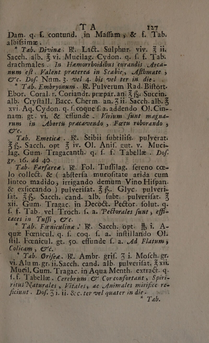 f FETA 127 Dam. qf. contund. jin Maffam 4. &amp; f. Tab. albifsimz. uc x HE. weld aen mmm x o2 (* Tab. Diving. Rc La&amp;. Sulphur. viv. Z in. Sacch. alb. 5$ vi. :Mucilag.Cydon.. q. f. f. 'Tab. drachmales .. 7». Hemorrboidibus curandis .j4rca- num efl. Valent praterea in Scabie, .Aflbmate. 5 €7c. Dof. Num. 3. el 4. bis vel ter in die. . ..* Tab. Embryonum .. Y. Pulverum Rad. Biftort. Ebor. Coral. r. Coriandr. prepár. an: 5 (S: Succin. alb. Cryftall. Bacc. Cherm.. an. ii. Sacch. alb. $ xvi.-Aq. Cy don. q. f.cóque f: a. addendo Ot. Cin-- nam. gt. vi '&amp; effunde .. Firium | fünt. magna- rum in JAborti precarendo ,. Fatu roborando €2c. Ó TM wen. .] ! . Tab. Emetice . E. Stibi fubtilifs.. pulverat. $ (5. Sacch. opt. 5 1v. Ol. Anif. gut. v. Muci- lag. Gum: Tragacanth. q. f. £; Tabelle. . Dof. gr. 16. ad 40.. pDS &amp; t Li - Tab. Farfaree . Wt. Fol. 'Tuffilag. fereno co- lo colle&amp;. &amp; ( abítería /mucofitate arida cum linteo madido; irrigando demum Vino Hifpan. &amp; exficcando ) pulverifat. 5 f$. Glyc. pulveri- fat. 3($. Sacch. cand. alb. fubt.: pulverifat. 3 xii. Gum. 'Tragac. in Decoct. Pector. folut. q. f. f. Tab. vel Troch. f. a. Pechorales funt , effi «aces in. Tu[Ti , €z'c. wi ATI (7 Tab. Feniculine . R. Sacch. opt. fb i. A- quz Foenicul. q. f. coq. f. a. infüillando Ol. fil. Foenicul. gt. $o. effunde f. a. 4d. Fatum 5 Coliam , €76... E | : 47 Tab. Orifee. Wt. Ambr. grif. 5 1. Mofch. gr. vi. Alu m. gr. ii. Sacch. cand. alb. pulverifat. 4 xii. Mucil, Gum. Tragac. in Aqua Menth. extract. q. f.f. Tabelle . Cerebriem €7* Cor confortant , Spiri- riti Naturales , Vitalesy ac Animales mirifice ve» ab.