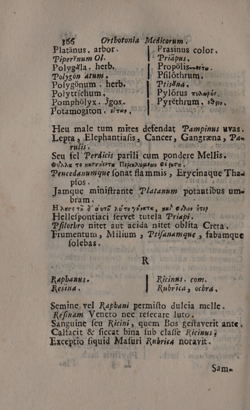 Platánus, arbor. , Prasinus color, TPiper!num Ol. * Priapus, Polyg4la. herb. , Propólis--e, . Tolygon dtum. - . Pfilothrum. Polygónum . herb. | Prisfna. Polytiichum, ^ ^ | Pylórus swiepés. Pomphélyx. Jgos. ^ —[. Pyréthrum, e9g, Potamogiton STU, i2 dsQs V Heu male tum mites defendat Pampinus uvas, Lepra , Elephantiafis , Cancer, Gangrzna , Pa« vultis. e. Seu fel Perdicis parili cum pondere Mellis. G$vVAAe T6 xxCvxtTw [IsprxNugJoro G6 euT .—— pewedevet a done flammis , Erycinaque Tha pios. .. i yit pri Jamque miniflrante 7P/atanum potantibus ume ^ ».bram. J Heccok Q'avrE hU To yr yeTR , au^ O/hoy drop Hellefpontiaci fervet tutela Priapi. ' 'Pfilotbro nitet aut acida nitet oblita Creta. Frumentum , Milium 5 Trifanamque , fabamque folebas. i R Rapbenss. ———— Ricinss. com. Resina . Rubricas ocbra, Semine, vel Rapbani permifto dulcia melle. Refinam Veneto nec refecare luto. | Sanguine feu Ricimi, quem Dos geftaverit ante, Calfacit &amp; ficcat bina fub claífe Ricimus$ Exceptio fiquid Mafüri Rsbric4. notavit. Sams