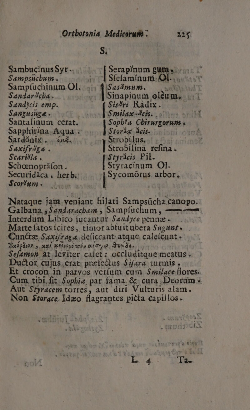 Sambucinus Syr .. Sampsucbum . Sandarcba - Sandycis emp. Sangusuga . Santalinum cerat. Sardónix . TTA Saxifrga . Scarióla . Schoenoprífon . Securidáca, herb. $cor!un -. Sis?/ri Radix. $milax-Acis. |. $toráx ácis. Strobilina. refina . $tyrácis, Pil. | Styracínum Ol. A E *« * vALAS