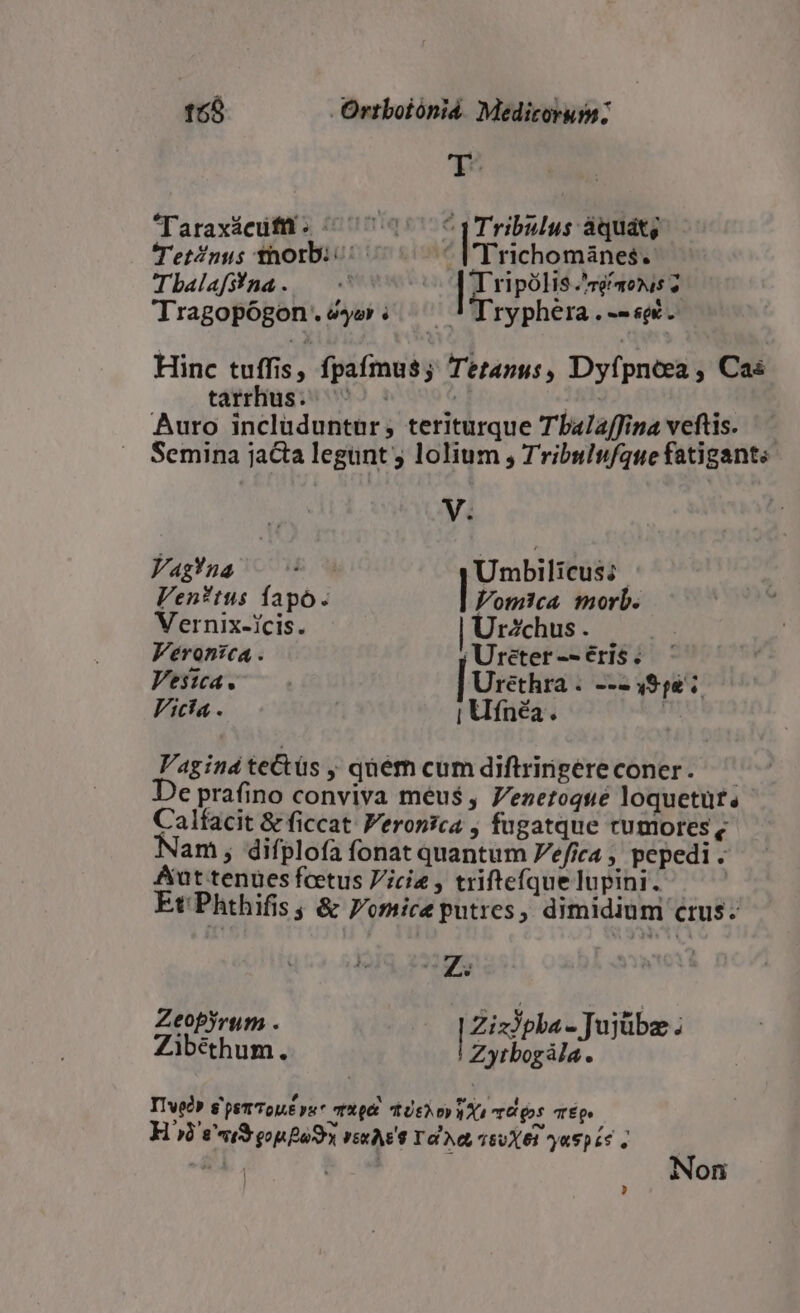 T? Taraxácufü. ^ 77^ Có Tribulus áquát; Tet/nus thorbic: l'Trichomàánes. Tbalafsina. — «^ | | Tripólis ^r£aens 2 Tragopógon.4ye ; ^ VIryphéera.--sdi. Hinc tuffis, fpafmus; Tetanus, Dyípncea , Cas tarrhus.. ^ | | Auro inclüduntür; teriturque T balaffina veftis. Semina jacta legunt ; lolium , Tribulu/que fatigant V. VagYna Umbilicus:. Ven?tus íapó. Pomica morb. Vernix-icis. Urzchus . Veronica . | Ureter -- eris . Vesta. o Urethra . ---494524; Victa . | Ufnéa. ' Vagina teCtüs , quem cum diftririgere coner. e prafino conviva méu$, Zenzetoqué loquetur; Calfacit &amp; ficcat. Veronica , fugatque rumores, Nam , difplofa fonat quantum Pefica , pepedi . Aut tenües fcetus Pici , triftefque lupini. | Et'Phthifis ; &amp; Pomice putres, dimidium crus. ^ Zeopyrum . ZizYpha- Tujüba ; Zibéthum. | AH IIve? $'penToué yu* rt tüsh ora gos repe H )) sm op £a VERAS T a Nc, iSvX61 yaSpés , : Non ?