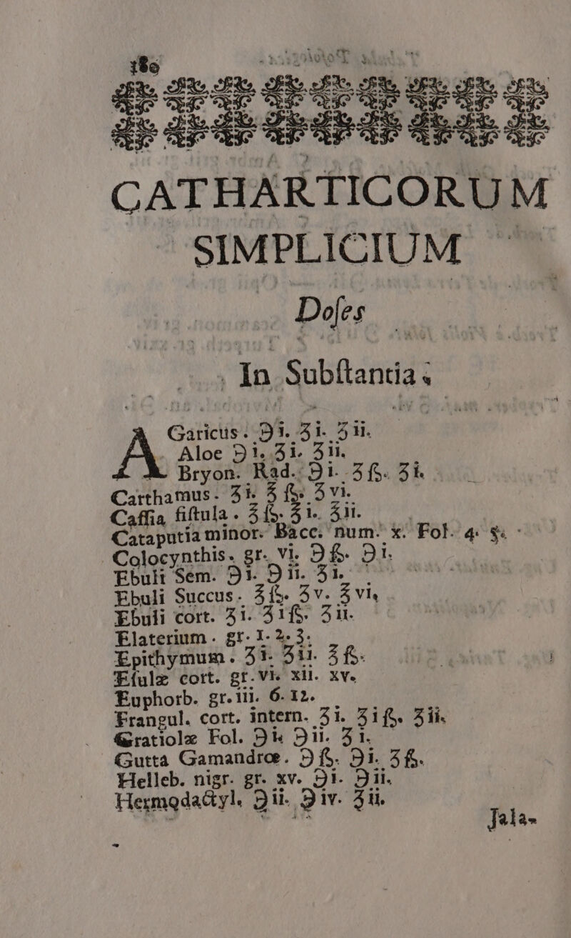 ccosqcooms $5 did TT: 2 CATHARTICORUM SIMPLICIUM ^. Dojes | E Subflandia Gian 9i. 4^ 5M. m AS 91. 5i. 5ii. Bryon. Kad. dui A SUIS E Carthamus- 51 Caffis fitula . 315 3i. 5i. Cataputia minor. Bacc. num: x. Fol. 4$ - Colocynthis . gr. vi. 9£- 91. Ébult Sem. 91. 9ii. 51. Ebuli Succus. 21. 2 $ vi Ebuli cort. 51. de 1. Elaterium . gr- Y- Epithymum. 31. i 2 f$. Eí[ulz cort. gr.Vi xil. xv. oae gr.1ii. 6. 12. rangul. Cort. intern. 3i. i ? EA Fol. 9i 31i. zy 5.5 uttà amandroe. 9 f$. 91. Helleb. nigr. gr. xv. 9i. M Hermqdadtyl. gii 31v. 2i Jela- -