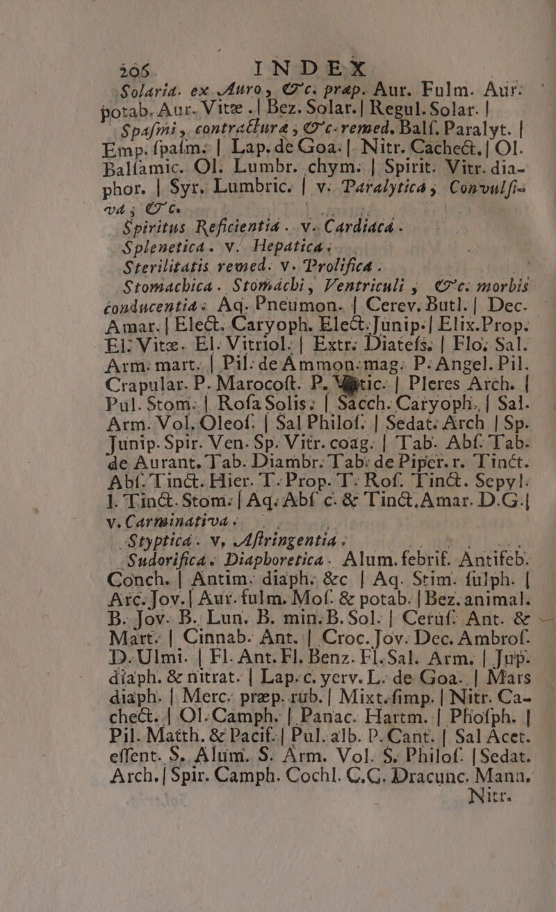 205 INDEX | Solaria. ex. Auro, Cc. prap. Aur. Fulm. Aur: potrab. Aur. Vite .| Bez. Solar. | Regul. Solar. | «Spafmi ,, contra&amp;ura , Qc-remed, Balf. Paralyt. | Emp. fpaim. | Lap. de Goa. |. Nitr. Cache&amp;. | OI. Balfamic. Ol. Lumbr. chym. | Spirit. Vitr. dia- phor. | Syr. Lumbric. | v: Paralytica ;; Convulfi- v4; C6 M LOT Spiritus Reficientid ...v.. Cardíaca . Splenetica. v. Hepaticas Sterilitatis remed. v. Prolifica . N. Stomacbica. Stomácbi, Ventriculi ,/ 7c. morbis éonducenti4: Aq. Pneumon. | Cerev. Butl.| Dec. : Amar. | Elect. Caryoph. Elect.Junip.] Elix.Prop. ELE Vitz. El. Vitriol. | Extr. Diatefs. | Flo; Sal. Arm: mart. | Pil: deÁmmon:mag. P. Angel. Pil. Crapular. P. Marocoft. P. Wtic: | Pleres Arch. | Pul. $tom: | RofaSolis; | Sacch. Caryophi. | Sal. Arm. Vol, Oleof. | Sal Philof. | Sedat. Arch | Sp. Junip. Spir. Ven. Sp. Vitr. coag. | Tab. Abf: Tab. de Aurant. Tab. Diambr. Tab: de Piper. r. T'inct. Abt. Tinct. Hier. T. Prop. T: Rof. Tin&amp;. Sepyl: ]. Tin&amp;. Stom: [ Aq. Abf c. &amp; Tin&amp;. Amar. D.G.| v.Carmindtivas Stypticá- v, ,Aflringentia . i5 ael. ud .Sudorifica. Diapboretica. Alum.febrif. Antifeb. Conch. | Antim. diapli: &amp;c | Aq. Stim. fulph. | Arc. Jov.| Aur. fulm. Mof. &amp; potab. | Bez. animal. B. Jov- B. Lun. B. min. B. Sol. | Cerat? Ant. &amp; — Mart. | Cinnab. Ant. | Croc.Jov. Dec. Ambrof.. D.Ulmti. | Fl. Ant. Fl. Benz. Fl.Sal. Arm, | Jup- diaph. &amp; nitrat. | Lap.c. yerv. L:. de Goa. | Mars diaph. |, Merc. prep. rub. | Mixt.fimp. | Nitr. Ca- chect..| Ol. Camph. | Panac. Hartm. | Phofph. | Pil. Matth. &amp; Pacif. | Pul. alb. P. Cant. | Sal Acet. effent. S. Alüm. S. Arm. Vol. S. Philof: |Sedat. Arch, | Spir. Camph. Cochl. C.C. Dracunc. Mana. — tnm