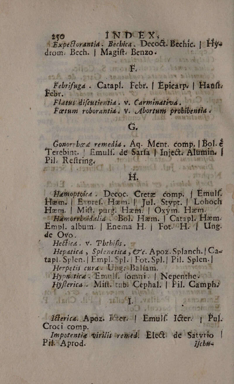 *Expetlorantid . Becbica . Deco&amp; Bechic. | Hs drom: Bech. | Magift. Benzo:. hr Porfu Cuapl.. Febr | Epieer. | i Pasf Febr. Flatus Mijtienia V. Cakntiabdud: 1 qu Fotuni rolorantia . v. vAbortu Pedes J G, Gonorsbez vemedía, Áq. Ment. corp. | Bol. é 'Terebint. ! £mulf. de Sarfa 1 sje Alumin. Í i Reftrmg, b. dii . HL * Ej * dBaloptolea : Delb« Ce comp. | Éiul£ Han. || Exvoref.. Ham. || Jul. Stypt. | Loboch Hem. | Mif; pur: Hzm: | Oxym. Hzm. ^ Elaimorrboidalia .^Bol. Ham. | Catapli cH END albuüm. | Enema H. | Fot.^H. | U de Ovo. : Hetlica . v. Tbrbifis. Hepatica , Spl: zneita y €7'c. Apoz. Splanch.| Ca tapl. Splen. | Empl. Spl.| Fot. Spl.| Pil. Splen. ' Herpetis curas Ug: Balíam. | Hybsotice - E mv. (omni: | Nepenthe-- ' [Uferiat ste tub: Cephal. | Pil. Camph;? IN arg | nid ! - E Iüerica. Apoz. VWcer:- | Feel IGer. | Pof. Croci comp. ! Impotentiz *irilis eed. Elec: dé Satyrio | Pu 'Aprod. Ijchés