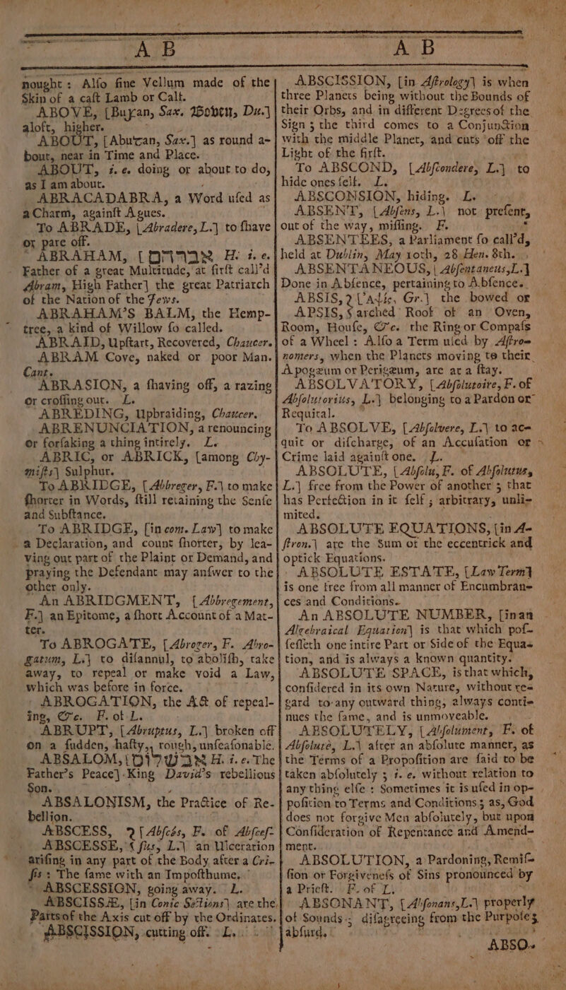 » ericaegeeie Balt ARANTRS Mare a LE wy wo eas uke ae MEI ae tN oe NMBA FOWls i fee DLN ae SN ae ae vin nought: Alfo fine Vellum made of the Skin of a caft Lamb or Calt. ABOVE, [Buyan, Sax. oben, Dz.) aloft, higher. ‘4 ~ ABOUT, [Abu'can, Sex.] as round a- bout, near in Time and Place. ABOUT, i. ¢. doing or about to do, as I am about. ABRACADABRA, a Word ufed as aCharm, again{t A gues. To ABRADE, | Abradere,L.| to fhave ox pare off. ‘ ABRAHAM, [OMAR He ie. - Father of a great Multitude, at firft call*d Abram, High Father] the great Patriarch of the Nation of the Fewws. ABRAHAM’S BALM, the Hemp- tree, a kind of Willow fo called. ABRAID, Upftart, Recovered, Chaucer. ABRAM Cove, naked or poor Man. Cant. ABRASION, a fhaving off, a razing or crofiingour. L. ABREDING, Upbraiding, Chaucer. ABRENUNCIA TION, a renouncing or forfaking a thing intirely. Le ABRIC, or ABRICK, [among Chy- mifts| Sulphur. To ABRIDGE, (Abbrecer, F.\ to make fhorcer in Words, {till retaining the Senfe and Subftance. To ABRIDGE, [in com. Law] to make 2a Declaration, and count fhorter, by lea- Ving out part of the Plaint or Demand, and praying the Defendant may anfwer to the other only. An ABRIDGMENT, { Abbrecement, F.) an Epitome, a fhort Account of a Mat- ter. To ABROGATE, [Abroger, F. Abro- gatum, L.\ vo dilannul, to abolifh, cake away, to repeal or make void a Law, which was before in force. _ABROGATION, the A&amp; of repeal- ing, Cie. FE. ot L. ; ABRUPT, [Abruptus, L.|_ broken off on a fudden, hafty,, rough, unfeafonable. ABSALOM, (O39 WAN Hi i.e. The Father’s Peace|-King Davia’s rebellions on. . g 4 : ABSALONISM, the Pra&amp;ice of Re- bellion. Red, /rBSCESS, 2 { Abjfcés, F. of Abfeef- ABSCESSE, '¢ fus, L.\ an Ulceration fis: The fame with an Impofthume, ° » ABSCESSIGN, going away. L. ABSCISSION, [in Affrology| is when three Planets being without the Bounds of their Orbs, and in different Dzgrecsot the. Sign 5 the third comes to a Conjun&amp;ion with the middle Planet, and cuts ‘off the Light of the firit. To ABSCOND, [Abftondere, L.j to hide ones felt. L. ABSCONSION, hiding. L. ABSENT, (Abfens, L.\ not prefenr, ABSENTEES, a Parliament fo call’d, ABSENTANEOUDS, | Abfentancus,L.J ABSIS, Vadic, Gr.| the bowed or APSIS, arched Roof of an Oven, $ nomers, when the Planets moving te their, ABSOLVA'TORY, [Abjfalutoire, F. of Abjolurorius, L.\ belonging to a Pardon or” To ABSOLVE, [Abfelvere, L.| 10 aCe ‘i ABSOLUTE, | Abjelu, F. of Abfolutuss has Perfeftion in it felf ; arbitrary, unli- mited. ABSOLUTE EQUATIONS, [in A- optick Equations. | ABSOLUTE ESTATE, (Law Term} ces and Conditions- Alcebraical Equarien| is that which pof- fefleth one intire Part or Side of the Equa tion, and is always a known quantity. ABSOLUTE SPACE, is that which, confidered in its own Nature, without re« gard to-any outward thing, always conti= ABSOLUTELY, [Aljolument, F. of Abfoluré, L.\ after an abfolure manner, as the Terms of a Propofition are faid to be taken abfolutely 5 7. e. without relation to any thing elfe : Sometimes it is ufed in op- pofition to Terms and Conditions 3 as, God does not forgive Men abfolutely, but upon Confideration of Repentance and Amend- ABSOLUTION, a Pardoning, Remi fion or Forgivene{s of Sins pronounced by ABSCISSA, [in Conic Sétions) are the} Pattsof the Axis cut off by the Ordinates. ABSCISSION, cutting off. LD...” ABSONANT, [Alfonans,L.) properly of Sounds -; difagreeing from the Purpote; — abfurd, © ty i eee 2 ABSO» } hae, 0) 5 EN) i) a) AT at Ue r i) ed