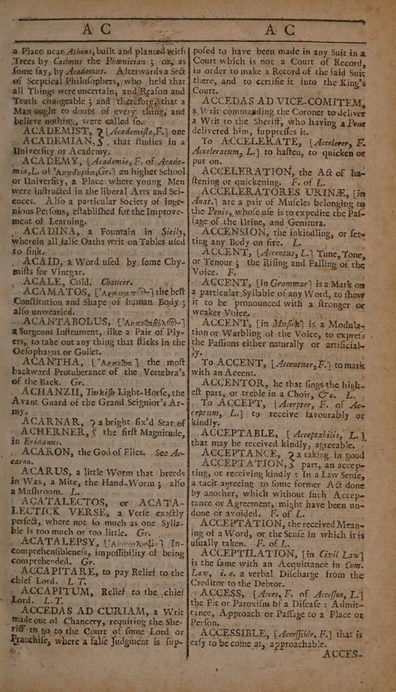 @ Place near Arhens, built and planted with ‘Teees by Cadmus the Phenician 3 -or as fome fay, by Academus. Actterwardsa Se&amp; of Sceptical Philofophers,;who held thar all Things were uncertain, and Reafon and ‘Trath changeable 5 and ‘thercforejsthat a Man onght co doubt. of every. thing; and ACADEMIST, 2 (Academifte,F.] one . ACADEMIAN,S§ . that ftudies in a) Mniverficy or Academy. tas ACADEMY, (Academie, F. of Acade- mia,L. ot Avedygd2,Gr.\ an higher School or Univerfity, a Place where young Men were inftructed in the liberal Arts and Sci- ences. Alfo a particular Society of. inge= nious Perfons; eftablifhed for the Improve- meat.of Learning, . , - ACADINA, a Fountain in’ Sicily, wherein all falfe Oaths writ:-on Tables ufed fo fink,» peas Ra , cs mifts for Vinegar. _ -ACALE, Cold) Chaucer. g'| ACAMATOS, [’Ayevar +] the beft Conftitution and Shape ;of human, Body; alfo-unwearied. ut @ Surgeons Inftrument, like a\ Pair of Ply- ets, totake ont any thing that flicks in the Ocfophasus, or Gullet. Pa ACANTHA, [(AxoyS] the moft of the Back. Gr. . ACHANZIL, Turkifh Light-Horfe, the Aivant Guard of the Grand Seignior’s Ar- Fe I rN ACARNAR, 2 abright fix’d Starof _ACHERNER,§ the firft Magnicude, in Eridanus. Caron, ACARUS, a little Worm that breeds a Mushroom. L. te * | AGATALECTOS, or ACATA- LECTICK VERSE, a Verle exa@ly perfe&amp;, where not. fo much as, one. Sylla- ble is too much or too little. Gre. > ACATALEPSY, UArert Ansley Tn- comprehended. Gr. ACCAPITARE, to pay Relief tothe . ACCAPITUM, Relicf to the chief Lok. ACCEDAS AD CURIAM, a Writ rift £0 to the Courr of fome Lord or Erauchife, where a falle Judgment is fup- , pofed to have been made in any Suit ina Court which is nor a Coust ef Record, Court. Seat. 3, ACCEDAS AD VICE-COMITEM, a Wriccommaading the Coroner todeliver a Writ to. the Sheriff, who having a Lene delivered him, fuppreffes it. To ACCELERATE, | decelerer, F. Acceleratum, L.) to haften, to quicken of put on. : nis ACCELERATION, the A@ of ha- ftening or quickening, F. of L. / ACCELERATORES URINE, [in Anat.| are a pair of Mufcles delonging te the Penis, wholenfe is to expedite the Paf- fage of the Urine, and Genitura. a ACCENSION, the inkindling, or fete ting any Body on fire. Le 9-5 ACCENT, {Accentus, LJ ‘Tune, Tone, or Tenour 5 the Rifing and Falling of the Voice... F, oi EM ae AGCENT, [in Grammar) isa Mark om 2 particular Syllable of any Word, to thow it to be pronounced with a fironger or weaker Voice, Bd orc ACCENT, [in Mufice) is a Modula- ne Paflions either naturally. or artificial Ye ) To ACCENT, , iM , | Accentuer, F.| to mark with an Accent. eft part, or treble ina Choir, Cre. L. cepeumt, kindly. Je ahi ACCEPTABLE, . [ Acceptabilis, L. 4 L,) tg receive favourably or ACCEPTANCE, 2a taking in good ACCEPT ATION, § part, an acce p= ting, or receiving kindly : In a Law Senfe, a tacit agreeing ‘to fome former AG done by another, which without fuch Acceps done or avoided. F. on ro ACCEPTATION, the received Mean- ing of a Word, or the Senfe in which itis ufually taken. F. of L. is the fame with an Acquittance in Com. Law, t¢. a verbal Difcharge from the Creditor to the Debror. the Fic or Paroxifm bf a Difeafe : Admit- Perfon. eafy to be come at, approachable. A