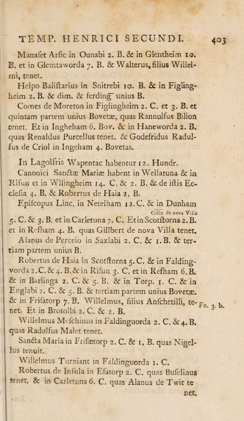 Manafet Arfic in Ounabi 2. B. & in Glentheim 10. B. ct in Glerntaworda 7. B. & Wakerus, filius WilleL mi, tener. Helpo Baliftarius in Snitrebi 10. B. & in Figling- heim 2. B. & dim. &: ferding unius B. Comes de Moreron in Figlingheim 2. C. et 3. B. et quintam partem unius Bovctse, quas Rannulfus Rilion tenet. Et in Ingheham 6. Bov. & in Haneworda 2. B. quas Renaidus Purcellus tenet. & Godefridus Radul- fus de Criol in Ingeham 4. Bovetas. In Lagolfris Wapentac habentur 12. Hundr. Canonici Sandlae Mariae habent in Wellatuna & in Rifun et in Wllingheim 14. C. & 2. B. & de iftis Ec- clefia 4. B. & Robertus de Haia 2. B. Epifcopus Line, in Netelham 12.C. Sc in Dunham Gilbt de nova Vilia 5. C. & 3. B. et in Carletuna 7. C. EtinScotftorna2.B. et in Refham 4. B. quas Gillbert de nova Villa tener. Alanus de Perceio in Saxlabi 2. C. Sc i.B. & ter¬ tiam partem unius B. Robertus de Haia in Scotftorna 5.C. & in Falding- vorda2.C.Sc4. B.&in Rifun 3. C. et in Refham 6. B. & in Barlinga 2. C. & 5. B. Sc in Torp. 1. C. & in Englabi 2. C. & 5. B. & tertiam partem unius Bovet^. & in Frifatorp 7. B. Willelmus, filius Anfchetilli, te-Fo h net. Et in Brotolbi 2. C. & 2. B. * 3 Willelmus Mefchinus in Faldinguorda 2. C. &4.B. quas Radulfus Malet tenet. Sandla Maria in Frifaetorp 2. C. Sc i, B. quas Nigel¬ lus tenuit. Willelmus Turniant in Faldinguorda 1. C. Robertus de Infula in Efatorp 2. C. quas Bufelinus tenet, & in Carletuna 6. C. quas Alanus de Twit te • net.