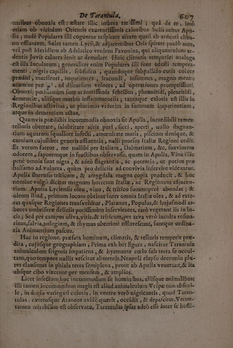 naribus -óbnoxis eft: xtate. illic imbres rariffimi 3 quà de re, imó -etíam ob -viciniam Orientis cxurentiffinis caloribus Solis uritur Apa- ia ; undé Populares illi coguntur refpirate aérem quafi ab ardenti cliba- 4o efflantem, Selet tamen Lycii,&amp; adjacentibus Oris fpirare pauló ante, vel. poft Meridiem ab Adriatico-veniens Favonius, qui aliquantulum ar- -dentis Jovis calores lenit ac demulcer. «Huic climatis temperiei analoga *eft illa Incolarum ; generaliter enim Populares illi (ant adufti tempera- menti , nigris capillis, fübfafco ; quandoque fübpallido cutis colore . ipraditi , macileati , impatientes., iracundi , infomries , magno mentis acumine pre ,! , ad difcarfum veloces , ad operationes promptiffimi. s«Obnoxij pou uimüm funt ardentiffimis febribus , phrenitidi, pleuritidi , 4ementiz , aliifque morbis inflammatoriis ; tantaque caloris eft illis in. :Regionibus a&amp;ivitas , ut plurimos:viderim in fummam impatientiam , atque in-démentiam actes, | TO. Quamvis przdi&amp;is incommodis obnoxia fit Apulia , incredibili tamen telluris ubertate , falubritate acris puri , ficci , aperti , nullo (tagnan-- «tium aquarum fquallore infe&amp;i , amcenitate maris , pifcium denique, &amp; carnium cujuflibet generis a&amp;luentia , nulli proríus Italie Regioni cedit. :Et verum fateor, me nullibi per-Italiam , Dalmatiam , &amp;c, fuaviorem -odorem., faporemque in fructibus.obfervaife, quam in Apulia, Vina illic |spené omnia funt nigra , &amp; adeó flagrantia , ac potentia, ut. potius pro tbalfamo ad vulnera , quàm pro deliciis adconvivia infervire videantur. Apulia Barenf(is triticum , &amp; amygdala magna copia producit ,.&amp; hoc nomine vulgó dicitur magnum horreum Italiz , ac Regionum adjacen- tium; Apulia Lycienfis oleo., vino , &amp; tritico fummoperé abundat ; :&amp; -oleum illad., primum locum obtinet inter omnia Italiz olea , &amp; ad exte- 1as quaque Regiones tranfyehitur , Platanus , Popalus,&amp; hujufmodi ar- 'bortes umbrifere deliciis potiffimüm infervientes, raró vegetant iis in lo- cis, Sed per campos oliva,vitis ;&amp; triticum;per arva veró inculta rofma- rinus;falvia,pulegium, &amp; thymus uberrimé efflorefcunt, funtque ordina- ja Ánimantium paícua. | | | TARDO Hac in regione, prefata hominum, climatis, &amp; telluris temperie prz- ' dita , cujufque geographiam ; Prima exh.bet figura , nafcitur Tarantula animalculum frigoris impatiens, &amp; hyemante ccelo fub terra fe occul- tans,quo tempore pullis vefcitur alimentis; Neapoli elapfo decennio pla- res claufimus in phiala terra femiplena , prout ab Apulia venerunt, &amp; ita abfque cibo vixerunt per menfem , &amp; amplins. - Licet infe&amp;tumhoc incommodum fit hominibus, aliifque animalibus; illi tamen ipcommodutn magis eft aliud animalculum V efpe non abfimi- le, in dotfo variegati coloris; in ventre verónigricantis, quod Taran- tulas , ceterofque Araneos avidé.quizrit , occidit , &amp; depafcitar.Verun- tamen mirabilius efLobfervatu, Tarantulas ipfas adeó.effe inter fe bofit- L