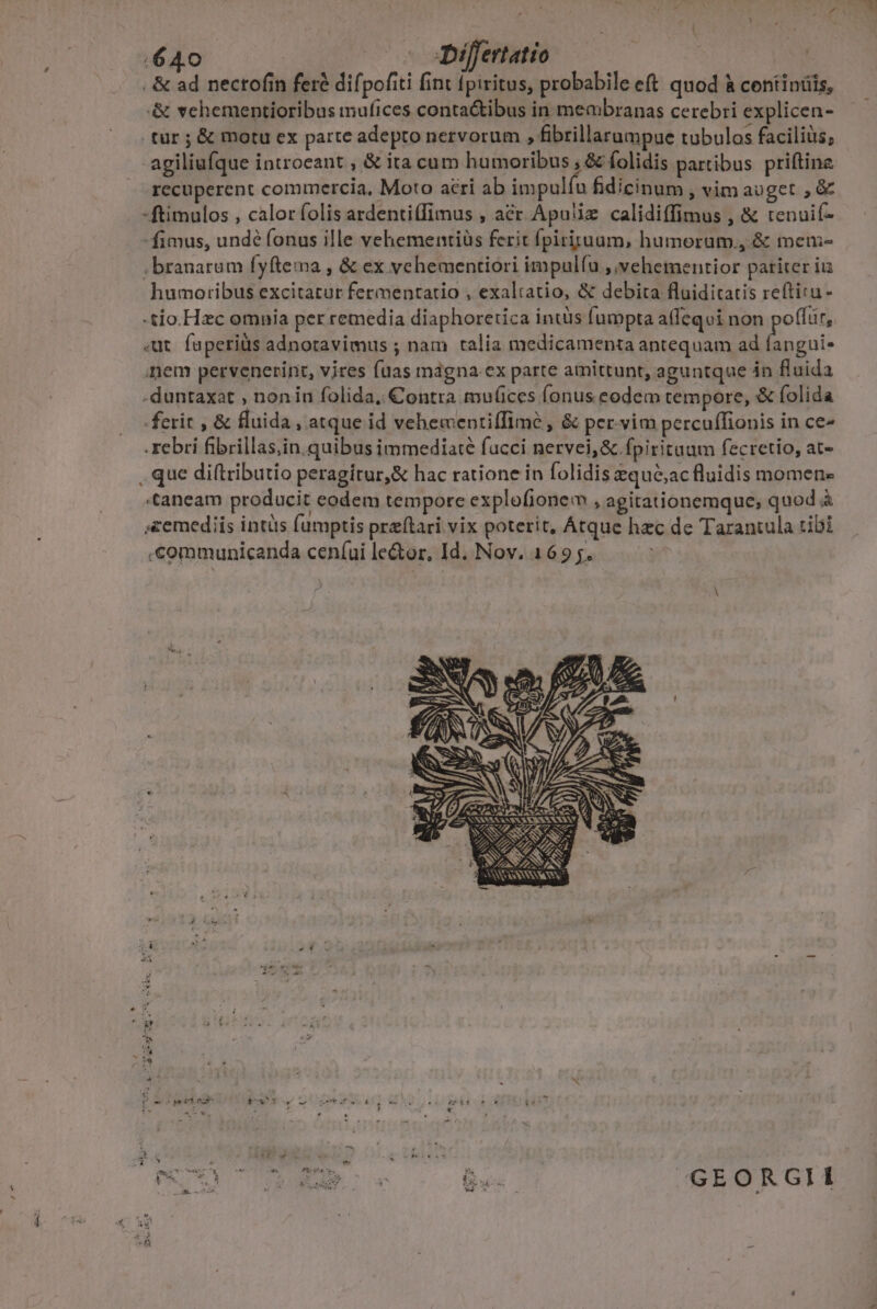 . &amp; ad nectofin feré difpofiti fint fpiritus, probabile eft quod &amp; centinüis, &amp; vehementioribus mufices conta&amp;ibus in membranas cerebri explicen- tur ; &amp; motu ex parte adepto nervorum , fibrillarumpue tubulos faciliüs, agiliufque introeant , &amp; ita cum humoribus ; &amp; folidis partibus priftine .. recuperent commercia, Moto acri ab impulíu fidicinum , vim auget , &amp; -ftimulos , calor folis ardenti(Timus , acr Apuliz calidiffimus , &amp; tenuif- fimus, undé fonus ille vehementiüs ferit fpirirtuum, humorum., &amp; mem- branarum fyftema , &amp; ex vehementiori impulíu , vehementior patiter iu humoribus excitatur fermentatio , exaliatio, &amp; debita fluiditatis reftitu- -tio.Hzc omnia per remedia diaphoretica intüs fumpta affeqvi non poffur, «ut. fuperiüs adnoravimus ; nam talia medicamenta antequam ad Clem nem pervenerint, vires fuas magna ex parte amittunt, aguntque án fluida -duntaxat , nonin folida, €ontra mu(üices fonus eodem tempore, &amp; folida ferit , &amp; fluida , atque id vehementiffimé, &amp; per.vim percuffionis in ce» rebri fibrillas,in.quibus immediate fucci nervei, &amp; fpiritaam fecretio, at- , que di(tributio peragitur,&amp; hac ratione in folidis equé;acfluidis momen «caneam producit codem tempore explofionem ». agitationemque; quod à xemediis intüs fumptis preftari vix poterit, Átque hzc de Tarantula tibi «communicanda ceníui le&amp;or, Id. Nov. 1695. LPADQA AC Mie iL A NSSSSSESSSASRSS NANNY m NANN z Sra SAT AO « LAWN. S Te BS ASA E ONCSNNNMNV — -^ »  - c menm BE Mv Li ouekahwesli uL kuliaic mide: r * ' at sic - MPEG GEORGII