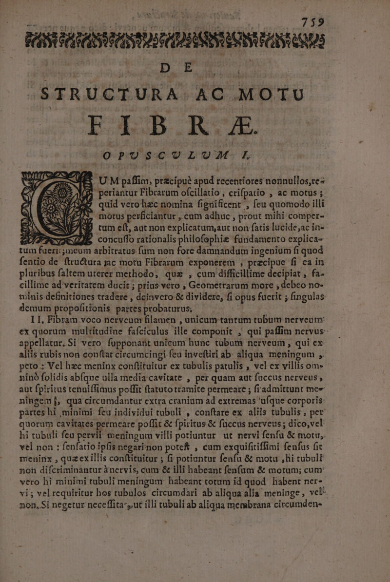 SEUESENCISPOEHLOSERISIGSÜNUSNAMUS STRUCTURA AC MOTU FIBRE OPUSCULOUM.It EX UM paffim, przcipué apud recentiores nonnullos,tes j periantur Fibrarum ofcillatio , crifpatio ; ac motus ;. quid vero hzc nomina fignificent , feu quomodo illi i motus perficiantur , cum adhuc , prout mihi comper- ] tum e(t, aut non explicatum,aut non fatis lucide;ac in- z * E concuffo rationalis philofophie fundamento explica- tum fueric ;aicom arbitratus fum non fore damnandum ingenium fi quod fentio de ftru&amp;utra jac motu Fibraram exponerem , przcipue fi ea in pluribus faltem uterer methodo; qus , cum difficillime decipiat , fa- cillime ad veritatem ducit ; prius vero , Geometrarum more ; debeo no- trinis definitiones tradere , deinvero:&amp; dividere, fi opus fuerit ; fingulas. demum propofitionis partes probaturus; é L I, Fibram voco nerveum filamen , unicum tantum tubum nerveuns ex quorum multitudine fafciculus ille componit , qui paffim nervus. - appellatur.Si vero fupponant unicum hunc tubum nerveum , qui ex aliis rubis non conftat circumcingi feu inveftiri ab: aliqua meningum ,. peto : Vel hzc meninx conflituitur ex tubulis patulis , vel ex villis om» ninó folidis abíque ulla media cavitate , per quam aut fuccus nerveus ; aut fpiritus tenuiffimus polfit ftatuto tramite permeare ; fi admittunt mee ningem[, qua circumdantur extra cranium ad extremas 'ufque corporis: pattes hi minimi: feu individui tubuli , conftare ex. aliis tubulis , per quorum cavitares permeare poffit &amp; fpiritus &amp; fuccus nerveus; dico,vel hi tubuli feu petvii: meningum villi potiuntur ut nervi fenfu &amp; motu; vel non : fenfatio ipfis negarinon pote. , cum exquifitiffimi fenfus fic menirix , quzex illis conftituitur ; fi potiuntur fenfu &amp; motu ,hi rabull . noh difcriminantur ànervis, cam &amp; illi habeant fenfum &amp; motum; cum: vero hi minimi tubuli meningum: habeant totum id quod. habent ner- vi; vel requiritur hos tubalos circumdari ab aliqua alia meninge, vel- 20D, Si negetur neceffita,.ut illi tubuli ab aliqua membrana circumden- ^ T