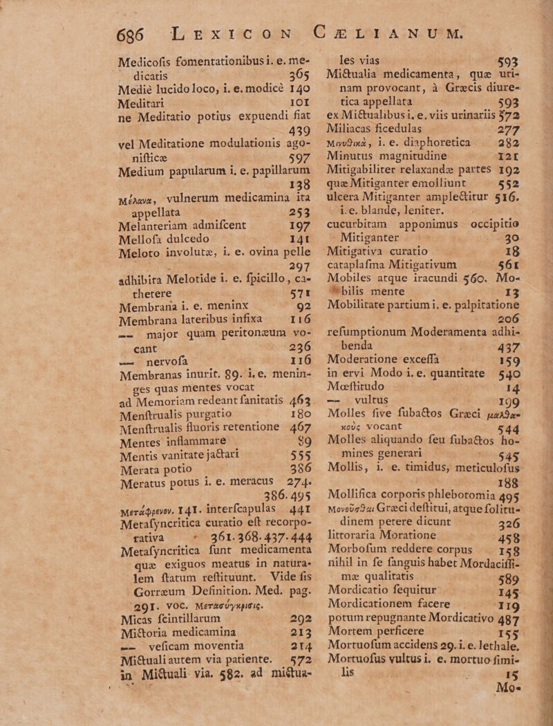 LI Medicofis fomentationibusi. e. me- ^ dicatis - : 365 Medie lucido loco, i. e. modicé 140 Meditari IOÍ ne Meditatio potius expuendi fiat | 439 vel Meditatione modulationis ago- niftice 597 Medium papularum i, e. papillarum : 138 Miws, vulnerum medicamina ita appellata 253 Melanteriam admifcent 197 Meloto involutz, i. e. ovina pelle Lu e 297 adhibita Melotide i. e. fpicillo , ca- thetere ; 57t Membrana i. e. meninx 92 Membrana lateribus infixa I16 -- major quam peritoneum vo- cant 236 nervofa 116 Membranas inurit. 89. 1, e. menin- ges quas mentes vocat Ll Menftrualis purgatio 180 Menftrualis fluoris retentione 467 Mentes inflammare. |. $9 Mentis vanitate jaGtari 555 Merata potio 386 Meratus potus i. e. meracus 274. 386. 495 Merapevov. 14 T. interfcapulas — 44I Metafyncritica curatio eft recorpo- rativa — * 261.368.437.444 Metafyncritica funt medicamenta que exiguos meatus in natüra- lem ftatum reftituunt, Vide fis Gorreum Definition. Med. pag. .Q9I. voc. MeTAGUyVpiGiG. Micas fcintillarum 292 Mi&amp;oria medicamina O12 -— veficam moventia 214 Mi&amp;ualiautem via patiente. | 572 in Mi&amp;usli. via. 582. ed. miétua- les vias 593 Mi&amp;ualia medicamenta, que uri- nam provocant, à Grecis diure- tica appellata 593 ex Mi£&amp;ualibusi. e, viis urinariis 572 Miliacas ficedulas 277 Mwv9iuz , 1. e. diaphoretica 282 Minutus: magnitudine I2EI Mitigabiliter relaxandz partes 192 que Mitiganter emolliunt 552 ulcera Mitiganter ample&amp;itur 516. i.e. blande, leniter. cucurbitam apponimus occipitio Mitigativa curatio I8 cataplafma Mitigativum 56I Mobiles atque iracundi 560. Mo- ^ bilis mente I3 Mobilitate partium i. e. palpitatione 206 refumptionum Moderamenta adhi- benda 437 Moderatione exceffa 159 in ervi Modo i.e. quantitate 540 Moeftitudo 14 vultus 199 Molles five fuba&amp;os Greci uaa$z- ' xo); vocant 544 Molles aliquando feu fuba&amp;os ho- mines generari ELT LY Mollis, i. e. timidus, meticulofus- SER 188 Mollifica corporis phlebotomia 495 MovoU794: Greci deftitui, atque folitu- dinem petere dicunt 326 littoraria Moratione 458 Morbofum reddere corpus 158 nihil in fe fanguis habet Mordaciffi- me qualitatis Mordicatio fequitur: | Mordicationem facere II9 potum repugnante Mordicativo 487 Mortem perficere 155 Mortuofum accidens 29.1. e. lethale. Mortuofus vultüsi. e. mortuo fimi- lis : 15 4 Mo-