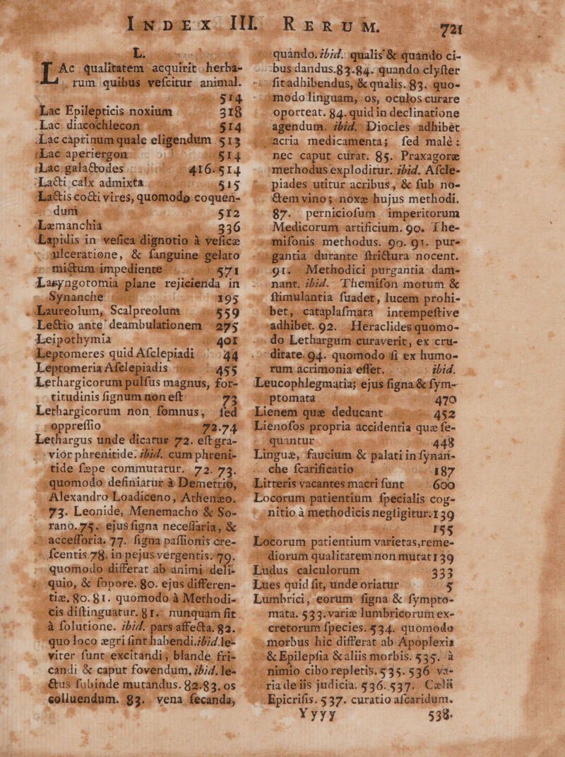Ee Ae qualitatem. ugnon pes 44. rum. quibus vefcitur ud : vh. ac L^ es noxium 318 lac diaeochlecon .. $14 Lac caprinum qua. 5I iac aperietgOu: - 3 — 9814 iLac:galactodes /.:2:0 416551. — dLacti calx admixta 95. 1515 La&amp;is coGi vires, quomodo coquei- dun STONE 512 ;Lemanchia | ME 936  x in vefica dignotio- à velic 2mlceratiene, &amp; langiipneni el t mü&amp;umimpediente ... 571 l .Synanche |... 1395 Laureolum, Scalpreolum. «559 Le&amp;io ante 'deambulitionem 275 Leipothymia «40 I :beptomeres quid Afzlepiadi - rr Leptomeria Afelepiadis .—.:.:455 Lethargicorum pulfus magnus, for- . ^ £itudinis fignum non eft- 3 Lethargicorum non fomnus, ed eppreftio ueopdiB.74 'vior phrenitide. 252. cum phreni- quomodo definiatur-à Der . Alexandro Loadiceno, Atlienzo. - 73. Leonide, Menemacho &amp; So- .- rano. 75. ejus figna necefaria, &amp; ^: accefforia, 7 figna. paffionis c cre- ^ fcentis 78. in pejus vergentis. 899. | quomodo differat ab: animi deli «quio, &amp; fopore. 8o. ejus differen- tie. 80. 81. quomodo à Methodi- - eis diftinguatur. 8 1T.: nunquam fit . à folutione. ;5;4. pars affe&amp;a. g2. quo loco egri fint habendi./2/4 le- viter funt. excitandi; blande fri- candi &amp; caput fovendum, 5/4. le- us fubinde mutandus. 82:83. os colluendum. 83.. vena fecanda, R E R-D M. O21 quàndo; 24. :qualis'&amp; quando ci- bus dandus.83.84. quando clyfter :: fitadhibendus;&amp;&amp; qualis. 83. quo- (nodo linguam, os, oculos curare - oporteat. 84. quid in declinatione jculin duse -Diocles -adhibet .Jacra medicamenta; fed malé: nec caput curat. 85. Praxagorg miethodlienplodirur. a3bid. Afcle- «. plades utitur acribus, &amp; fub no- . Gem vinos. noxe hujus methodi. /$7. perniciofum imperitorum Medicorum artificium. go, 1 he- iens durante ftrictu 91:- Methodici purgantia: dam- nant. 45i. Themifon motum &amp; ftimulantia fuadet, lucem prohi- bet, .cataplafmata intempeftive - adhibet. 92. Heraclides quomo- - do. Lethargam. curaverit, ex cru- ; ditate.g :94- quomodo fi ex humo- .. fum acrimonia effet. - ibid. ^ptomata. 470 Lienem que dedüicant.. «452 Lienofos propria accidenti q dus fe- quantur -448 Lingue, faucium &amp; palati in fjnari- che fcarificatio 00487 -600 ;nitio à fneghódieis negligitur.159 - T I LA iiikorum. patientium varietas - - diorum qualitatem non mütatT39 Pinus calculorum PE. Lues quid fit, unde oriatur | Lumbrici, eorum figna &amp; fympto- mata. 533.varie lumbricorum ex- cretorum fpecies. 534. quomodo morbus hic differat ab Apoplexis -&amp; Epilepfia &amp;aliis morbis. 535. à '; nimio ciborepletis. 535. $36 va- -Epicrifis. 537. curatio afcaridum. Yyyy 538-