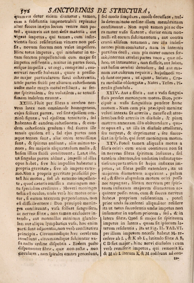 fyn SANCTOR INUS DE STRUCTURA, Quamvis cietur eidem diameter» tamen, fed modo limpliccs, modo decuflafcse, nui* cum a fubftantia impenetrabili repleatur lo determinato ordine illam membranam alter fuccus in ejus locum venire non po¬ tet! , quamvis aut non defit materia , aut Vigeat impetus» qui tamen , cum infer- Vientis fucci refiftentiam vincere non pof- fit, novum fuccum non valet impellere. Hinc totus impetus, qui nitebatur in to¬ tum fuccum propellendum cum major fit impetus refiflentia , nititur in partes fucci, eafque impellit , ut cogi, comprimi, coa¬ cervari necefle habeant, quare a preffio- ne major particularum fucci cohaerentia, , unde partes fluidi per aliarum cohaefionem au&ce molce magis motui refi fiunt, ac fer¬ ine fpiritualem , feu volatilem , ac tenuif- firaam indolem exuunt • XXIII. Fluit per fibras a cerebro ner- Veus latex non omnimode homogeneus, cujus fcilicet partes, vel fint ejufdem om¬ nino figurae , vel ejufdem tenuitatis, fed habentes & eandem cohaefionem , & eun¬ dem eohaefionis gradum ; fed fuccus ille tenuis quidem eft , fed ejus partes non aeque tenues funt, aliae enim tenuillimae funt, & fpiritus audiunt, aliae minus te¬ nues , feu majoris aliquantulum molis , & bafim illius fluidi cunftituunt. Latet ifte, ut fingulas partes abluat , impelli ad illas opus habet, five hic impulfus habeatur a propria gravitate , five ab impetu extre¬ mo. Non a propria gravitate proficifci po¬ te ft hic motus , fed ab externo impellen¬ te , quod caeteris omiflis a meningum mo¬ tu fpecialius credimus . Moveri meninges teftis eft oculus, unde vero hic motus oria¬ tur , fi earum texuram perpendamus, non eft difficile eruere : Duo praecipue menin¬ ges conilituunt, vafa fcilicet fanguifera, ac nerve* fibrae , non tamen excludere in¬ tendo , aut nonnullas minimas glandu¬ las-, aut aliqua lymphatica vafa, haec enim parti funt adjacentia,non vero conftitutiva principia . Circumundique haec cerebrum inveftiunt, circumundique fulciuntur va- fis nullo ordine difpobtis • Eodem pacto difponuntur fibrae, quae non redae » non circulares, non fpirales omnes procedunt. conftituunt. Non aeque tamen pia ac du- ra mater vafis fcatent, durior enim non¬ nulli eft eorum fulcimentum » aut contra cranii allifum tutamen , nec ifta incleft-f nentes piam comitatur» nam in internis partibus deeft, cum pia mater omnes fer¬ ine,internas cerebri partes voco , quaeacL hoc, ut intueantur , non fufficit, aut lobos, aut bafim cerebri denudare, fed aut ma¬ num aut cultrum requirit, hujufmodi ve¬ ro funt corpora , ut ajurrt, Striata , Cru¬ ra medullae oblongatas , Nates, Teftes , Pi¬ nealis glandula. XXIV. Aut a fibris , aut a Vafis fangui-% fluis pendet meningum motus. Dico, prae¬ cipue a vafis fu ngui fluis pendere hunc motum . Nam cum pia praecipue meninx veluti intexta fit arteriis , necefle eft atto- lentibus fefe arteriis in diaftole , & piam matrem annexam illis obfecundare , qua¬ re opus eft , ut illa in diaftole attollatur» feu turgeat, & deprimatur , feu flacce- fcat in fyftole, qui funt meningum motus. XXV. Poteft tamen aliqualis motus a fibris oriri cum enim continuus non fit in nerveas fibras fpiritum influxus , fed tantum alternus,feu undatim influat*,quo- tiefcunquetantum fit hujus influxus im¬ petus, ut fibras poffit extendere, ita ut majorem diametrum acquirant , palam eft ,& fibris aliqualem motum oriri poflb nec repugnat, fibram nerveam per fpiri» tuum influxum majorem diametrum ac¬ quirere polle; nam, cum & fuccus nerveus habeat propriam refiftentiam. , poteft prior unda fuccedenti aliqualiter refiftere ita ut totus fuecedentis undae impetus non infumatur in undam priorem » fed , 6c in latera fibrae. Quod fi major fit fpirituura impetus in latera, quam fit ipforum la¬ terum refiftentia , ita ut Fig. II. TAB.VL per illum impetum necefle habeat M» re¬ cedere ab L , & K ab L, latitudo fibrae A B, C D fiet major , hinc nervi diaftoles *, cum vero remiferit impetus, qui removit K» & ab L iterum K & M redibunt ad con- ta-