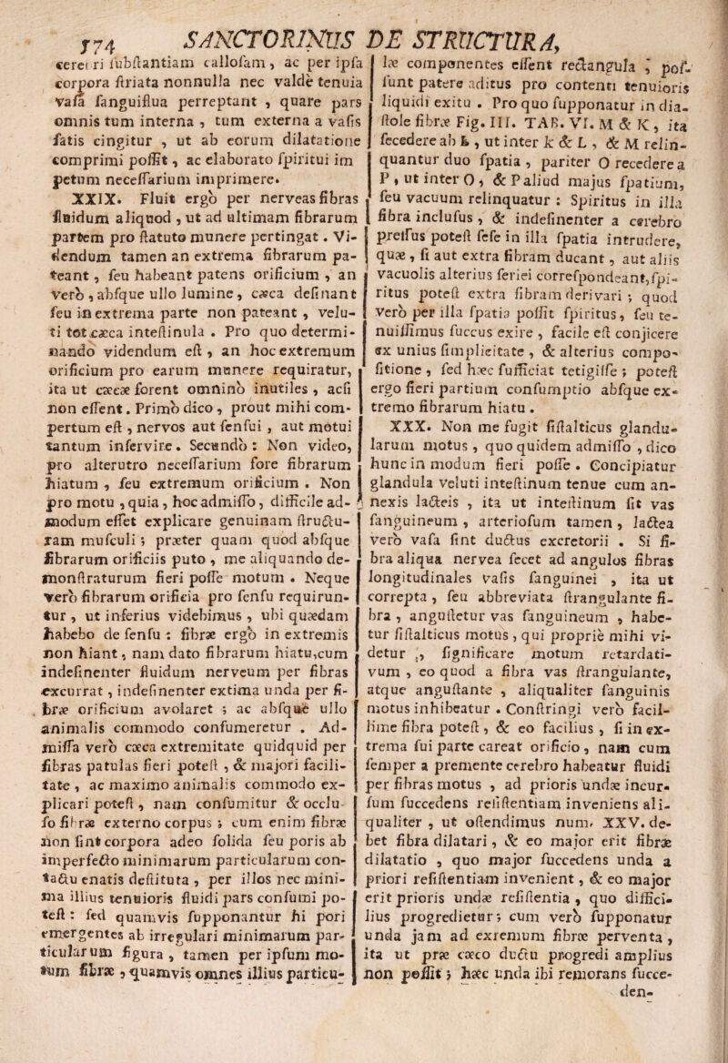 cerei-ri fubflantiam callofam, ac per ipfa corpora firiata nonnulla nec valde tenuia Vafa fanguiflua perreptant , quare pars omnis tum interna , tum externa a vafis fatis cingitur , ut ab eorum dilatatione comprimi polit, ac elaborato fpiritui im fetum neceffiarium imprimere. XXIX. Fluit ergo per nerveas fibras fluidum aliquod , ut ad ultimam fibrarum partem pro flatuto munere pertingat. Vi¬ dendum tamen an extrema fibrarum pa¬ teant , feu habeant patens orificium , an vero ,abfque ullo lumine, caeca delinant feu in extrema parte non pateant, velu- ti tot ca?ca inteflinula . Pro quo determi¬ nando videndum efl, an hoc extremum orificium pro earum manere requiratur, ita ut csccse forent omnino inutiles, aefi non effient. Primo dico, prout mihi com¬ pertum eft , nervos aut fenfui , aut motui tantum infervire. Secundo: Non video, pro alterutro neceffarium fore fibrarum hiatum , feu extremum orificium . Non pro motu , quia, hocadmiffio, difficile ad- 5 modum effiet explicare genuinam ftru&u- jam mufculi; praeter quam quod abfque Abrarum orificiis puto , me aliquando de- monfiraturum fieri poffie motum • Neque Verb fibrarum orificia pro fenfu requirun¬ tur , ut inferius videbimus , ubi quaedam habebo de fenfu : fibrae ergo in extremis non hiant, nam dato fibrarum hiatu,cum indefinenter fluidum nerveum per fibras •excurrat, indefinenter extima unda per fi- brx orificium avolaret •, ac abfqufe ullo animalis commodo confumeretur . Ad- jniffia vero coeca extremitate quidquid per fibras patulas fieri potefl , Sc majori facili¬ tate , ac maximo animalis commodo ex¬ plicari poteft , nam confumitur & occlu fofihr# externo corpus ; cum enim fibrae non fi nt corpora adeo folida feu poris ab amperfefto minimarum particularum con- *a&u enatis deftituta , per illos nec mini¬ ma illius tenuioris fluidi pars confumi po- tefl: fed quamvis fupponantur hi pori emergentes ab irregulari minimarum par¬ ticularum figura, tamen per ipfuni mo- tum fibrae, quamvis ©mnes illius particu¬ la componentes effient reckngula pof-' lunt patere aditus pro contenti tenuioris liquidi exitu . Pro quo fupponatur in dia. flole fibne Fig. III. TAB. VI. M & K , ita fecedere ab k , ut inter k & L , & M reiin- quantui duo fpatia , pariter 0 recedere a P, ut intero, &Paliud majus fpatium, feu vacuum relinquatur : Spiritus in illa fibra inclufus , & indefinenter a cerebro preffius potert fefe in illa fpatia intrudere, qua», fi aut extra fibram ducant, aut aliis vacuolis alterius feriei correfpondeant,fpi- ritus poteft extra fibram derivari ; quod Vero per illa fpatia poffit fpiritus, feu te- nuiffimus fuccus exire , facile efi conjicere ex unius (implicitate , & alterius compo- fitionc , fed haec fufficiat tetigilfe ; potefi ergo fieri partium confumptio abfque ex¬ tremo fibrarum hiatu. XXX. Non me fugit fifialticus glandu¬ larum motus , quo quidem admiffio , dico hunc in modum fieri poffie. Concipiatur glandula veluti intedinum tenue cum an¬ nexis lacteis , ita ut intedinum fit vas fanguineum , arteriofum tamen , la&ea vero vafa fint du&us excretorii . Si fi¬ bra aliqua nervea fecet ad angulos fibras longitudinales vafis fanguinei , ita ut correpta , feu abbreviata drangulante fi¬ bra , angudetur vas fanguineum , habe¬ tur fiftalticus motus , qui proprie mihi vi¬ detur j, fignificare motum retardati- vum , eo quod a fibra vas firangulante, atque angudante , aliqualiter fanguinis motus inhibeatur . Confiringi vero facil¬ lime fibra poted, Sc eo facilius , fi in ex¬ trema fui parte careat orificio, nam cum femper a premente cerebro habeatur fluidi per fibras motus , ad prioris undee incur- fum fuccedens refi dentiam inveniens ali¬ qualiter , ut offendimus nurm XXV. de¬ bet fibra dilatari, & eo major erit fibrae diiatatio , quo major fuccedens unda a priori refiftentiam invenient, Sc eo major erit prioris undae relidentia, quo diffici¬ lius progredietur; cum verb fupponatur unda jam ad exremum fibrae perventa, ita ut prae caeco du<Ttu progredi amplius non peffit 7 haec unda ibi remorans fucce- den-