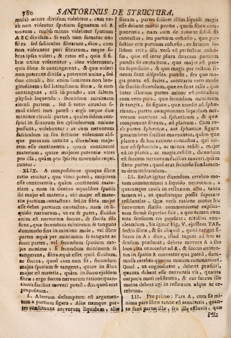 t8o santorinus de structura, multo min^s divifum videbitur, chai ve¬ ro non videatur fpatium fignatum ad R unitum , multo minus videbitur fpatium A B G divifum • Si vero non fumatur una fi Ira fed fafciculus fibrarum , dico , cum non videantur pori fibrarum» neque fi¬ bras ipfas videri, & ratio efi, quia fi £ br» unit* viderentur , ideo videreptuiv quia fibrae fe contingerent, & quae videri non poterant divifae , poterunt unitae * fed duo circuli , hic enim fumimus non Ion- git ud in em » fed latitudinem fibrae, fe non contingunt , niii in puncto, aut faltcm phy fice loquendo i fecundum minimam circuli partem , fed fi totus circulus fi- mul videri non potefi *, ergo neque du* minimae circuli partes , quales folumcon- ipici in fibrarum feu cylindrorum unione poliunt videbuntur j at cum nervorum ikfciculum in fua feflione videamus abf- que pororum intuitu , dicendum majo¬ rem efie continentis , quam continenti materiam , quare majores potenti* vires pro illa , quam pro fpiritu movendo -rcq.ui. arantur. XLTX. A compofitione quoque fibrae ratio eruitur , qua vinci potefi , majorem ede continentis , quam continenti mate¬ riam , nam in duobus aqualibus fpatiis- ibi major eft materia ubi major efi mate¬ ri* partium conta&us *, fed in fibra major elfc debet partium contactus, nam in li¬ quido nervorum, ut ex fe patet, fluidus enim eft nervorum fuccus, & fluida illa funt, quse fecundum minimum fe tangunt dummodo fint in minima mole, vsl fibr* partes seque per minimum fe tangunt ac iiicci partes, Vel fecundum fpatium ma¬ jus minimo > fi fecundum minimum fe tangerent, fibra *que e flet quid fluidum, ac fuccus, quod cum non fit, fecundum snajus fpatium fe tangent, quare in fibra fibram , partes fcilicet illius liquidi magis efie debent motui pronae, quam fibrae com¬ ponentia , nam cum de ratione folidi fit contadus, leu partium coh*fio » quo pjr- fedior erit partium coh*fio , eo firmius fo- lidum erit •, illa vero efi perfectior cohe- fio , qu* efi inter plura duarum partium, punda fit contactum , quo major efi par¬ tis fu perficies , & quo magis per redam li¬ neam funt difpofita^ punda , feu quo mar¬ gis prona e fi facies , contrario vero modo de fluidis dicendum, qu*eo funt talia quo inter illorum partes minor eft contactus; cum vero pars., quas fecundtnn mi ni m ua\ fe tangit, fit figurae , quae accedit aci fph*- ricani , partes componentes liquidum ner¬ vorum accedent ad- fph*ricum. , & quae componunt fibram, adplanum. Curave¬ ro partes fp hae ricae, aut fphaericae figurae proximiores facilius.moveantur, quam quae pl-anae v hoc ratione contadus qui mi¬ nor efifp hae ricis,, ac minus reftfii , major efi in planis , ac magisnefftlitdicendum eft fiiccuin nervcrurnfiacilius moveri,quam fibrae partes , quod erat fecundo fundamen¬ to de m o n fi r a nd u m *. II. Refiat igitur dicendum. cerebro mo¬ tum communicari a liquido nervorum , a ? quacunque caufa in refluxum, ado , tanta tamen, vi, ut qua feu n que poffit fuperare refifientias .. Qu* vero ratione motus hic nervorum fluido communicetur explica¬ tum fernie fuperius fuit 7 a quo tamen cura tota fenfuum res pendeat v nitidius enu¬ cleandum . Sit igitur Fig.. V. ejuMem TAB. Sedio fibrae , & fit aliquid ,. quod tangat fi¬ bram in A ^ dico, illud tagens ad hoc ut fenfum producatt debere movere A a. Cuo loco , ita ut accedat ad R , 6c fuccus conten¬ tus-in fpatio R moveatur qua potefi, dum¬ modo cerebro quoque motum communicet* Quod , ut cognofcatur , debent praefeiri. major efi materia, quam in fuccoejufdcm l quanta debeat effe moventis vis, quanta, fibrae ; ergo fuccus nervorum ratione quan- | corporis moti r efi fient i a , 6c cur luccus ille titatis facilius moveri potefi , &c. quod erat I motus debeat agi in refluxum ufque ac cs- propofitum. | rebrum. Alterum defumptum efi argumen- i III. Pro primo: Pars A , cuni fit mi- tum a partium figura « Ali* namque par- I nima pars fibr* tantae efi tenuitatis , quan- IS? nervorufq liquidum? aliee ( t* funt partes ili* 3 feu illa effluvia, qu» P5£i