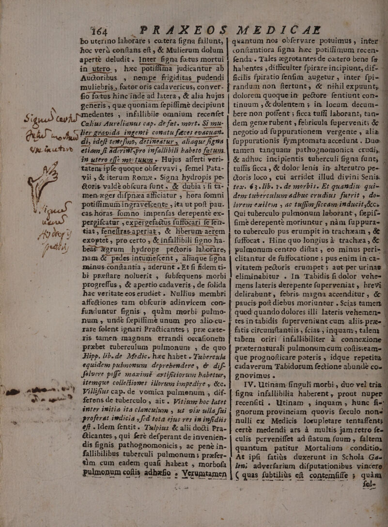 - uiro. AN dfe t fre e e^ ap E 044 PRAXEOS MEDICAE i bo uterino laborare 5 co:tera figna fallunt, | quantum nos obfervare potuimus , infez- ^ hoc verà conftans.eft , &amp; Mulierum dolum | con&amp;tantiora figna hec potitfimum recen« — aperte deludit. Inter figna fo-tus mortui | fenda . 'Yales eegrotantes de coctero bene fe — in utero , hec potiflima judicantur ab | habentes ,ditficulter fpirare incipiunt, dif- — Audoribus , nempe frigiditas pudendi | ficilis fpiratio fenfiax augetur, inter fpie - muliebris , fo:tor oris cadavericus, conver- [ randum non ftertant, &amp; nihilexpuunt, - fio fo:tus hinc inde ad latera, &amp; alia hujus | dolorem quoqueim pe&amp;ore: fentiunt com». — gefieris ; qux quoniam fepiffime decipiunt | tinuum , &amp; dolentem 5 in; locum. decum-. bere non poffent ; ficca tuffi laborant, tan» Caelius Aurelianus cap. de fet. waort. Si vau- | dem gena rubent , febricula fupervenit; &amp; lier gravida ingenti conatu feces evacuan- | negotio ad fuppurationem vergente , alia |  rr ta m t gums getto di, ideft testefizo, detineatur , aliaque figna | fuppurationis fymptomata accedunt . Duos - in utero e[J^ no:tuuz » Hujus aitferti veri- 1 &amp; adhuc incipientis tuberculi figna funt; tateni ipfe quoque obfervavi , femel Pata- | tuífis ficca , &amp; dolor lenis in: alterutro pe-- — vii ; &amp; iterum Rom. Signa hydropis pe- | corisloco, cui arridet illud. divini Senis; - men: «ger difpnaa afficiatur , hora fomni | denr tuberculunz adbuc crudius. fuerit , doe potiffimum ingravelfcente , ita ut poft pau- | Jorezz exiles ; ac tuffm;ficcanz inducity&amp;cs — cas horas. fomno impenfas derepente ex- | Qui tuberculo pulmonuin laborant , fepif- — pergifcatur , expergefaétus füffocari fefen- | fim&amp; derepente moriuntur , nàm fappurae | tiat, fenetras.aperiat , &amp; liberum aerem 4 to tuberculo pus erumpit in trachzam , &amp; | exoptet , pro certo , &amp; infallibili fiono ha- | fuffocat. Hinequo longius à trachea, &amp;&amp; | bea$-Xerum hydrope pe&amp;oris laborare, | pulmonum centro diftat, eo minus peris 2 nam.&amp; pedes intumeícent , aliaque figna | clitantur de füffocatione ; pus enim in ca- | minus conftantia , aderunt « Et fi fidem ti- | vitatem pedoris erumpet; aut per urinag : bi preftare noluerit , fubfequens morbi ! eliminabitur . In 'Tabidis.fi dolor vehe- | progreffus , &amp; apertio cadaveris., de folida | mens lateris derepente füperveniat, hrevi hac veritate eos erudiet . Nullius membri | delirabunt, febris magna accenditur , &amp; ^ affe&amp;iones tam obfcuris adinvicem con- [/ paucis poit diebus moriuntur ..Scias tamers | funduntur fignis , quàm morbi pulmo- | quod: quando dolores illi lateris vehemens | num , unde fiepitfimé unum pro alio:cu- | tesintabidis füperveniunt cum. aliis. praes | rare folent ignari Practicantes.; pre cxte- | fatis circum(tantiis, fcias., inquam, talens | xis tamen magnam. errandi occafionem | tabem oriri infallibiliter X connexione. prxbet tubereulum pulmonum: , de quo [ praternaturali pulmonum:cum coftisseame | Hipp. lib.de. Medic. hec habet - Tabereula | que prognofticare poteris , idque repetita. equidew) pubnonuna deprebendere , &amp; /dif- | cadaverum 'Fabidorum fectione abunde coz. Jélvere poffe imazimé^ avtificioruu babetur, | gnovimus . : itemque colleciiomes ilorteg iyapedive , &amp;c. IV. Utinam finguli morbi , duo vel tria Villifius cap. de vomica pulmenum , dif- [ figna infsllibilia haberent , prout nuper. ferens de tuberculo, aiv. Vizigpz boc latet | recenfiti . Utinam , inquam , hunc fi-* inter initia ita clanculum , ut oix ulla fai P proferat indicia , fed tota ejus ves in infidiis | nulli ex. Medicis loeupletare tentaffents! ef . Idem fentit. Tx/pius &amp; alii dodi Pra- | cert&amp; medendi ars à multis jam retro fe«. Gicantes » qui feré defperant de invenien- | culis pcrveniffet ad ftatum fuum , faltem dis fignis pathognomonicis , ac pene in- | quantum) patitur Mortalium conditio. fallibilibus tuberculi pulmonum; prafer- | At ipfi fatiàs duxerunt in Schola Ga«] tim cum eadem quafi habeat , morbofa | Jsm; adverfarium difputationibus vincere, pulmonum cofis adhafio » Verumtamen | ( quas fabtilius eft. contemflfe 5 quàm) - gnorum provinciam quovis feculo not ———