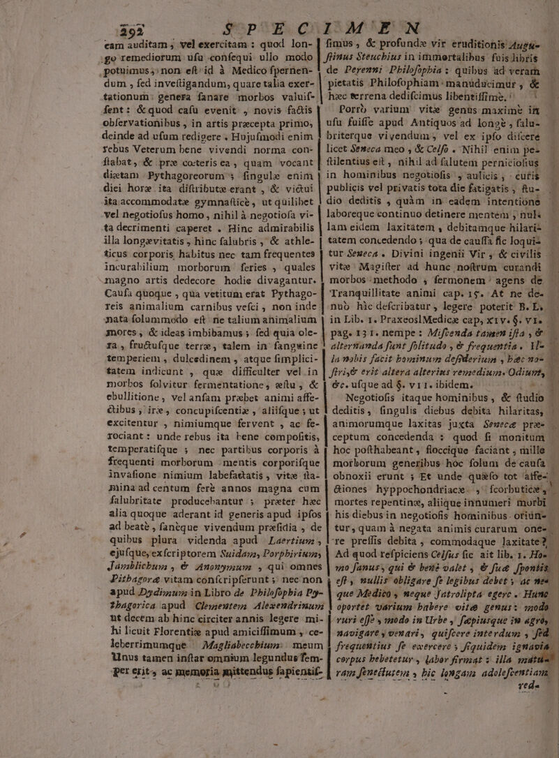 ^. TY) SPECIMEN cam auditam , vel exercitam : quod lon- | fimus , &amp; profund» vir eruditionis A4ugn- dum , fed inveftigandum, quare talia exer- pietatis Philofophiam: mantducimür , &amp; tationum: genera fanare morbos valuif-. hac ferrena dedifcimus libentiffime, ^ — ' obfervationibus , in artis precepta primo, deinde ad ufum redigere . Hujufmodi enim rebus Veterum bene vivendi norma con- flabat, &amp; prx co:terisea , quam vocant dietam .Pythagoreorum 5 fingule enim diei hore.ita diftribute erant , &amp; victui ita accommodate gymnaftice, ut quilibet vel negotiofus homo , nihil à negotiofa vi- ufu fuiffe apud Antiquos ad longe , falu- briterque vivendum , vel ex ipfo diícere licet Se»eca meo , &amp; Ce/fo . Nihil enim pez filentius eit , nihil ad falutem perniciolius in honteilips negotiofis , aulicis , - cufis | publicis vel privatis tota die fatigatis , Ru- dio deditis , quàm in eadem intentione laboreque continuo detinere mentem ;, ; nuk ta decrimenti caperet . Hinc admirabilis | lam eiiem laxitátem 4 debitamque hilari- illa longzvitatis , hinc falubris , &amp; athle- | tatem concedendo ; qua de cauffa fic loqui2 ticus corporis habitus nec tam frequentes | tur Sezeca . Divini ingenii Vir , &amp; civilis - incurabilium morborum feries ; uas | vite /Magiíler ad hunc noftrum curandi morbos.methodo , fermonem ' agens de Caufa quoque , qua vetitum erat T] Tranquillitate animi cap. 1$. At ne de- reis animalium carnibus vefci , non inde ores , &amp; ideas imbibamus ;. fed quia ole- | pag. 13 1. nempe : Mifeenda tamen ifla , &amp; ra, fru&amp;ufque terre, talem in'fangwine | alteranda funt folitudo , &amp; frequentia. V- temperiem , dulcedinem , atque fim plici- la nobis facit bominum defiMeriuin , bac no- ebullitione, vel anfam prabet animi affe- Negotiofis itaque hominibus , &amp; ftudio &amp;ibus , ir , concupifcentiz , aliifque ; ut 1 deditis, fingulis diebus debita hilaritas; excitentur , nimiumque fervent , ac fe- rociant: unde rebus ita Lene cem pofitis, temperatifqdue ; nec partibus corporis à frequenti morborum : mentis corporifque invafione nimium labefaetatis , vitz ita- | obnoxii erunt 5 Et unde redes tot aífe-. mina ad centum fer&amp; annos magna cum | &amp;iones hyppcthibrdfiac sip fcorbutiée, falubritate producebantur ; preter hac alia quoque aderant id generis apud ipfos ( morbos folvitur. fermentatione, eítu, &amp; | Gc. ufque ad $. v 11. ibidem. LO AODIGOORENEGEY his diebus in negotiofis horninibus. otiün- - ad beaté , faneque. vivendum prefidia , de | tur, quam à negata animis curarum one- | quibus plar videnda apud —Laertium ; ejufque, exfcriptorem Suidasa, Porphirius ; apud D5dizus in Libro de Pbilofópbia Py- 2bagorica apud Clessewtesa Alexendrinum nt decem ab hinc circiter annis legere mi- hi licuit Florentie apud amiciffimum , ce- leberrimumque ^ Magliabeccbium: | meum | linus tainen inftar omnium legundus fem- er erit» ac memoria mittendus fapiensif- oportet vérium babere oit genus: modo. vuri eff? y modo in Urbe , fepiusque in agró, s navigare y venari, quifcere interdum , fo frequentius fe ewercere s fiquidem: ignavia corpus bebetetur , labor firmat $ illa gudtu ram Jeueituteu 4 bic longau ML 7e E Pitbagora&amp; vitam conícripferunt 5; nec non | eft , mullis obligare fe legibus debet y ac mea. L] *-