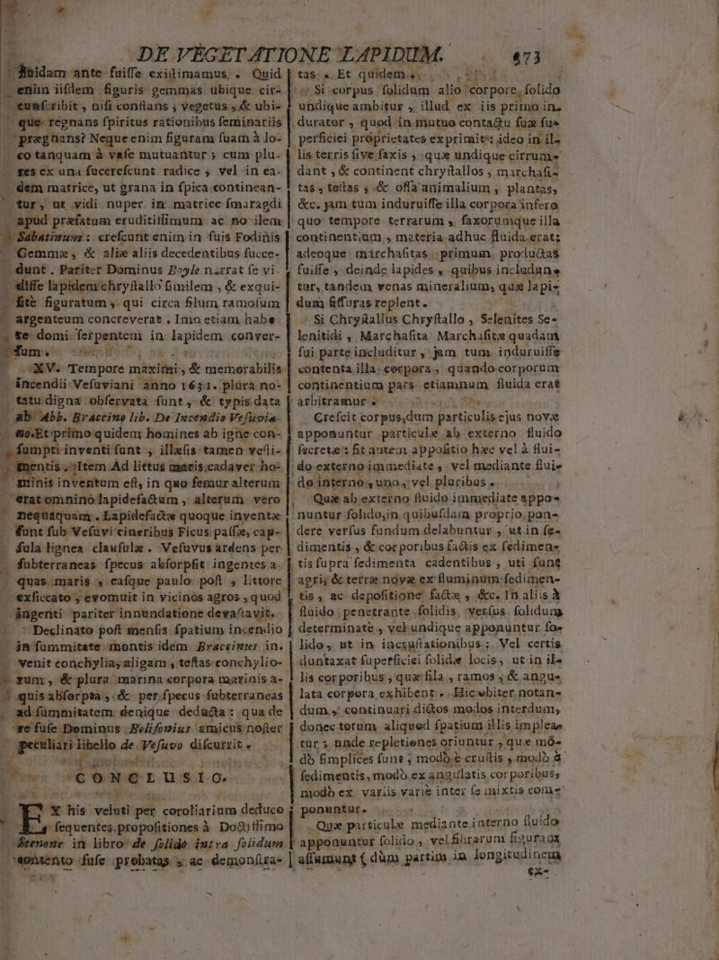 $73 enün iiflem figuris gemmas ubique cir- eunf:ribit , nifi conflans ; vegetus j.&amp; ubi- .J. que- regnans fpiritus rationibus feminariis | «o tanquam à vafe mutuantur ; cum plu. | ges ex una fuccrefcunt radice ; vel in ea. . dem matrice, ut grana in fpica continean- ur, st vidi nuper in matrice fmaragdi praefatum eruditiilimum ac. no ilem 5 Sabatiuuss : . erefcant enim in fuis Fodiüis — Gemmze, &amp; alie aliis decedentibus fucce- wh Pariter Dominus P»y/e narrat fe vi. xitffe lapidem chry ftailo imilem ; &amp; exqui- ] Dm figuratum , qui circa filum ramofum . argenteum concreyerat . Imo etiam habe te. domi. I c e in la sies conver- sum MAD Í — | | UR | tatu digna. obfervata funt, &amp; typis data [ ab Abb. Braccine lib. De Incendio Vefuvia. . &amp;iBt primo quidem homines àb igne con- ud mpti inventi funt ; ille(is tamen veli » qmentis . ;Item Ad littus gaaris;cadaver ho- - minis inventum eft, in quo femur alterum erat omnino lapidefa&amp;um  alterum vero quany. Lapidefactw quoque inyentae fant fub Vefüvi cineribus Ficus paífe, cag- - éula lignea. clauful . Vefuvus ardens per . fübterraneas fpecus abforpfit ingentes a- - quas maris s eafque paulo. pof , littore | exficcato , evomuit in vicinos agros ,q uod Bagenti 'pariter innundatiene deva/tavit. Declinato poft menfis fpatium incendio 4n fummitate montis idem JBraceinmus in. | Nenit conchylia; aligam , teftas.conchylio- 1 zum, &amp; plura marina corpora marinis a- !] quis abforpta ,:&amp; perfpecus fubterraneas à gunnmietem denijue dedücta : qua de- pe mv E ; ide  (e £o! phowis ü Tibelio de. bj ni dicunt. í eoxerusio pete fufe probatas. ».ac demoníua- *Si:corpus folidum alio ^ corpor z folida | P Ubáite ambitur , illud ex iis primo in. . duratur ; quod in mutuo contadtu fuz fu» | lis terris five faxis ; quie undique. cirrum- dant , &amp; continent chryftallos , marchafiz ta$,tettas , &amp; ofla animalium , plantas, | &amp;c. jam tum induruiffe illa corpora infera quo tempore terrarum s. faxorumque illa continentiam , meteria adhuc Bluida.erat; | adeoque: márchafitas |. primum. produaas fuiffe ,. deinde lapides , quibus inc ludane tur, tundea venas mineralium; qua lapiz dum &amp;ffuras replent. - Si Chry&amp;allus Chryftallo ,. Szlenites Se- lenitidi , Marchafita: Marchafitze quadans |, fui parte includitur, jum tum. induruiffe | contenta illa. corpora, quando corporuat continentium: pars etiamnum, fluida erat arbitramur ; s m Creícit corpus,dum DUC fà: nov; apponuntur particule ab externo Huido fscrete : fit autem appofitio hac vel à flui- do externo immediate ,. vel mediante fluie | do interno. , uno vel pluribus . Quae ab externo fluido immediate sppo* nuntur folidojin. quibufdam proprio, pon- dere verfus fundum delabuntur , ut in fe- dimentis , &amp;. cor poribus fa&amp;is ex fedimene tis fupra fedimenta cadentibus , uti funt agri, terrse nóva ex fluminum: fedimen- tis, ac depofitione fa&amp;z , &amp;c. In aliis à fluido . penetrante .folidis, 'veríus folidum determinate J vel. undique apponuntur fo» lido, ut in incruflationibus.; ; Vel certis duntaxat füperficiei folidae locis; utin il» lis cor poribus ; que'fila , ramos ; &amp; angue lata corpora exhibent»; Hic wbiter notans dum.,' continuari dios modos interdum; tür » nnde repletienes oriuntur ; qu.e mó- db fimplices fune ; ; modb. &amp;.cruitis modo &amp; fedimentis, modo. ex ano ulatis corporibus; | | | | | ] ponuntur. . , .Quie particule mediante interno fluido apponuntur folido , velfiorarum figuraax | affuriunt ( dàm partim. in longitudinem ex- &amp;.