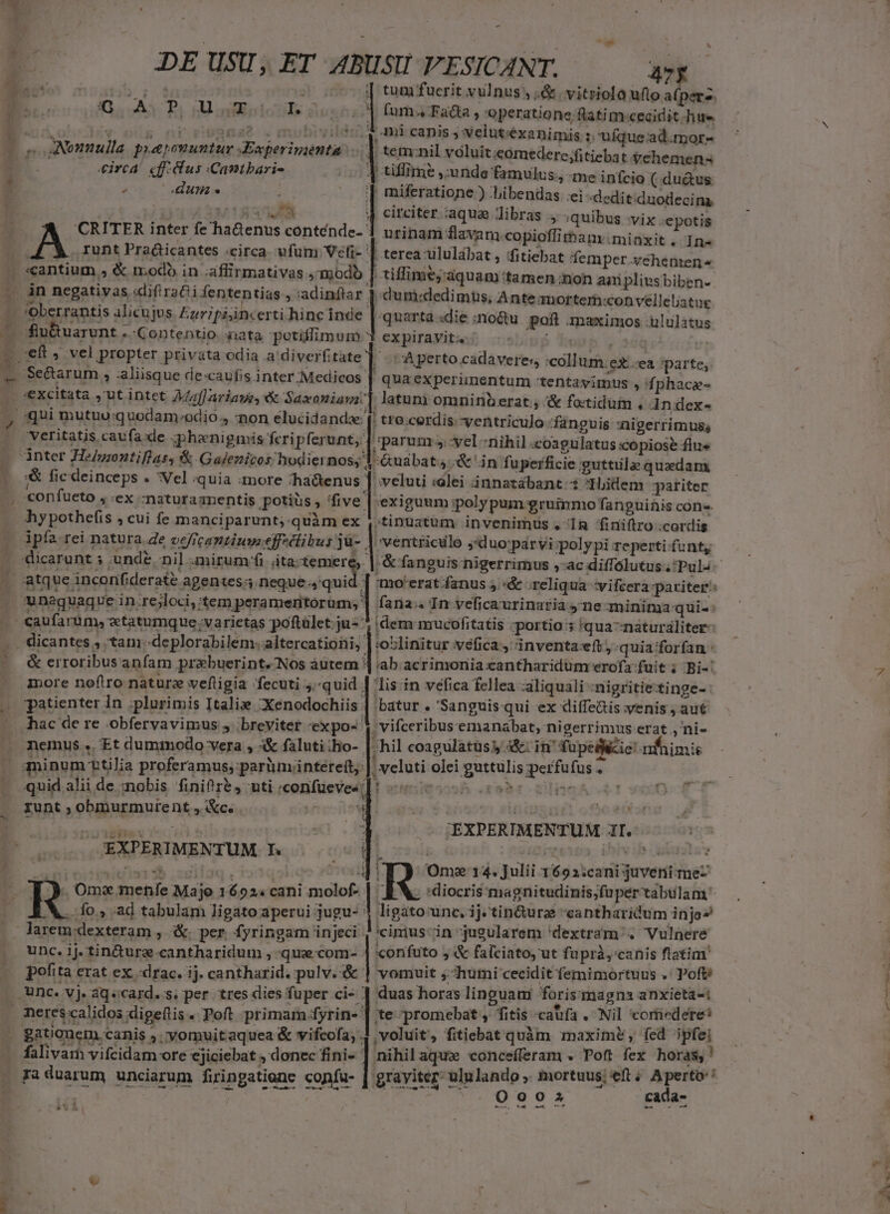 - pact (30: 3 1 ; tum fuerit vulnus , .&amp; vitriola ufto afperz. | G., Aj P, nU oils e o] fum; Fada » operatione fati m:cecidit hue | | soa mi canis , velutéxanimis ? uíquead.mor- * » D  voe ANomulla paapenuntur Xxperinienta .tetmnil voluit;eomederc;fitiebat $ehemena —.. — direa cff. lus Canitbari- 5 tiffime unda famulus. -me infcio (.du&amp;us » DHT ^. i| miferatione ) .bibendas ei 'dedit:duodecina | iM TAS j| citeiter aqua libras j .quibus vix 'epotis 'CRITER inter fe haGenus conténde-- urinam flavam.copioffimam:minxit , In- , Iunt Pra&amp;icantes «circa. ufum Veli- | terea-ululábat, fitiebat femper .vehenrena - tiffime, aquam tamen non aniplius biben-. / dumidedimts, Ante:morter«convéllelatue quarta «die :no&amp;tu. poft maximos .ilulitus expiravit. siinp hosb . 2249: |, Aperto cadaveres, «collum ex «ea parte, quaexperimentum :tentavimus , 'fphaca- latum omninb erat. '&amp; fotidum . In dex- | : ; tro.cerdis. ventriculo /fanguis :nigerrimuss veritatis caufa. de ;phenigmis feripferunt, | :parum ;-yel -riihil coagulatus copiose flus nter He/uzontiflas, &amp; Galezicos hodiernos, é&amp;uabat.;. &amp; in fuperficie guttula quasdam :&amp; fic deinceps . Vel quia :more zha&amp;tenus |. .àn negativas «lifira&amp;ii fententias., :adinftar - *oberrantis alicujus. Egripzincerti hinc inde | :€xcitata ,ut intet ZMaffariaye, &amp; Saxoniam 13 veluti olei innatábant t dLidem patiter confueto , ex -naturaanentis potiüs , 'five E hypothefis , cui fe manciparunt;-quàm ex | caufarum, ztatumque;varietas poftület.ju« exiguum ppolypum gruinno fanguinis cone 'tinuatum invenimus , 1g finiftro cordis ventriculo ;«luo:parvi polypi reperti: funty : || mo'erat fanus ; «&amp; -reliqua vifcera pariter: unaquaque in.rejloci, tem peramernitorum; | fana. In veficaurinatia »ne-minima qui- (dem mucofitatis ;portio 5 qua-naturaliter: &amp; erroribus anfam prabuerint.'Nos autem | ab acrimonia cantharidüm erofa fuit ; Bi-: more noflro naturz veftigia fecuti J.-quid ; patienter in ;plurimis Italie Xenodochiis : hac de re obfervavimus j breviter expo-- nemus. Et dummodo vera , 4&amp; faluti ;ho- | lis in vefica fellea :aliquali ;nigritietinge- 'batur . 'Sanguis qui ex diffe&amp;is enis ; aut 'vifceribusemanabat, nigerrimus erat ,'ni- /hil coagulatus y &amp;. in^ fupeilcic! nfhimis . veluti olei guttulis ;perfufus . * ' Y f runt ; obinurmurent , &amp;c. 4 ifi of : urls oc: : 'EXPERIMENTUM 1I J. JXEXPERIMENTUM. Y: 1 «wv TNCS. wf disd. vot] à Oma14. Julii 1692:cani juveni me- ! . Om. meníe Majo 1692«cani molof- AW «diocris magnitudinis;faper tabulam R fo , ad tabulam ligatoaperui jugu- ligato unc, ij. tin&amp;urae 'sabtharidum injo* 1: 'cimus cin jugularem 'dextram . Vulnere 'confuto , &amp; falciato, ut fuprà,canis flatim vomuit , humi cecidit femimortuus .' Poft duas horas linguam forismagna anxieta-i ite promebat , fitis caufa . Nil comedere: voluit, fitiebat quàm maximé, fed ipfei nihil aque conceíferam . Poft fex horas, ' grayitez- ululando ,. mortuus; eft; Aperto: ie Ue o0 cada- unc. ij. tin&amp;turz.cantharidum , «que -com- pofita erat ex... drac. ij. cantharid. pulv. &amp; . unc. vj. aq«card. s; per tres dies fuper dis: merescalidos digeftis . Poft primam fyrin- . gationem canis ,. yomuitaquea &amp; vifcofa, . . falivar vifcidam ore ejiciebat , donec fini- ' Ta duarum unciarum firingatiene confu- * »u