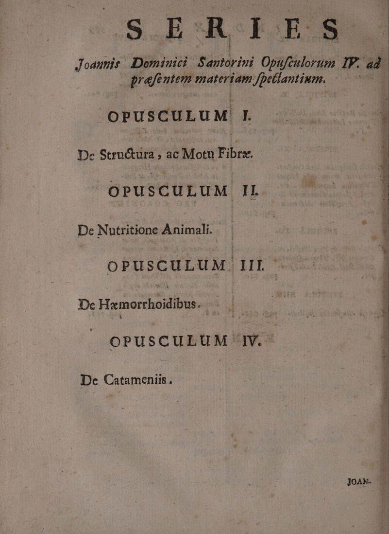 x. ERI Vx $ Joannis Dominici. Santorini Opuftslobdpi. IV. a» | Ares nte materiam Jpetiamtium. 7 ocu oPUSCULUM M. I De Stru&amp;ura , ac Motu Fibrz. vbpidode I. p Nutritione Animali. | OPUSCULUM. AIT De Hemorchoidibu 20 ] OPUSCU LUM: Hes De Catameniis. Jo.