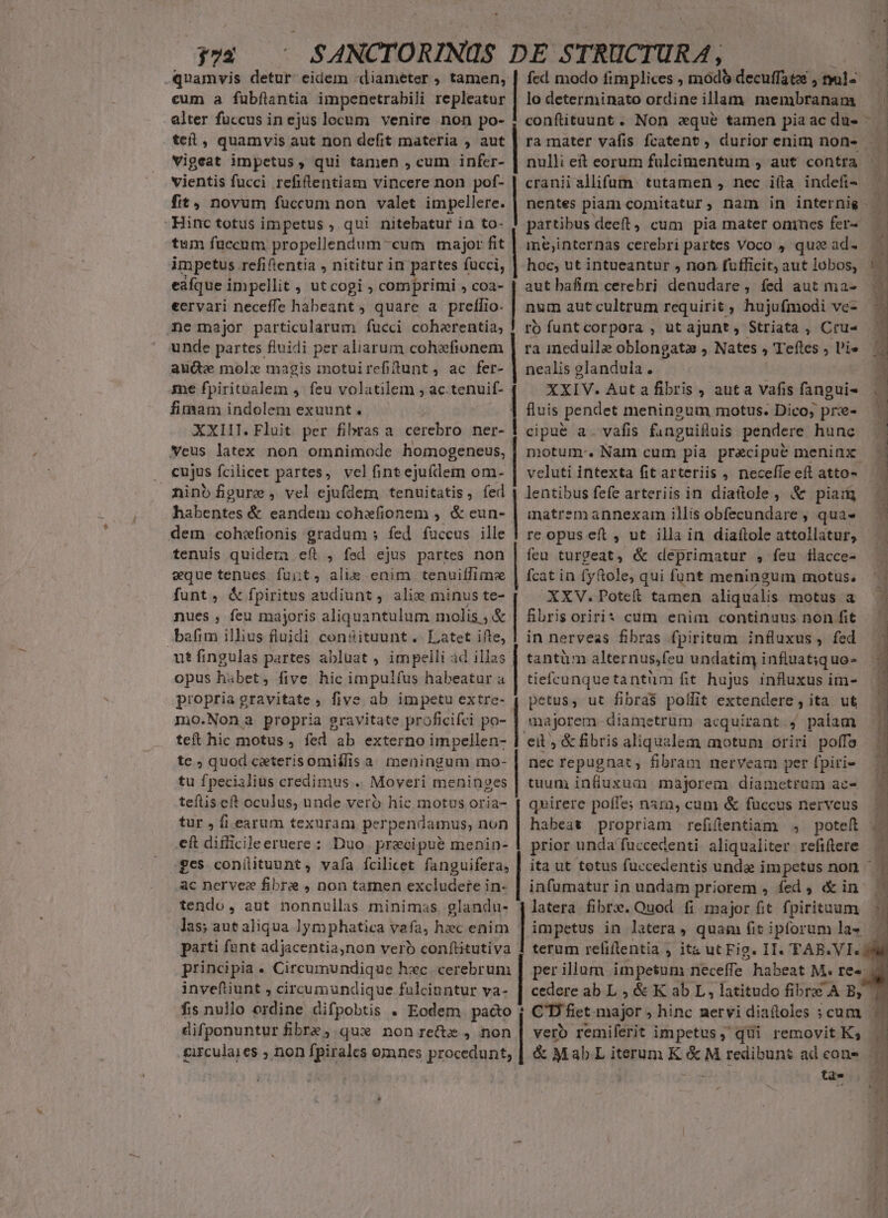 $72 .quamvis detur eiiem diameter , tamen, alter fuccus inejus locum venire non po- teí( , quamvis aut non defit materia , aut vigeat impetus, qui tamen , cum infer- vientis fucci refiftentiam vincere non pof- fit, novum fuccum non valet impellere. -Hinctotus impetus , qui nitebatur in to- tum fuccum propellendum-cum major fit impetus refiftentia , nititur in partes fucci, eafque impellit , ut cogi ; comprimi » coa- eervari neceffe habeant , quare a prelio. ne major particularum fucci coherentia; unde partes fluidi per aliarum cohzfiunem aud mole magis motuircefilunt, ac fer- me fpiritualem , feu volatilem ; ac.tenuif- fimam indolem exuunt . XXIIT. Fluit. per fibras a cerebro ner- wveus latex non omnimode homogeneus, . cujus fcilicet partes, vel fint ejufdeimn om- minb figure, vel ejufdem tenuitatis, fed habentes &amp; eandem cohefionem , &amp; eun- dem cohewfionis gradum ;» fed fuccus ille tenuis quidera eft , fed ejus partes non eque tenues. fuit, alie enim tenuiffime funt, &amp; fpiritus audiunt , aliz minus te- nues , feu majoris aliquantulum molis ; &amp; bafim illius fluidi constituunt. Latet ifte, utfingulas partes abluat , impelli ad illas opus hibet, five hic impulíus habeatur a propria gravitate, five ab impetu extre- mo.Nona propria gravitate proficifci po- teft hic motus, fed ab externo impellen- tc , quod ceterisomiflis a. meningum mo- tu fpecialius credimus .. Moyeri meninges teftis eft oculus, unde veró hic motus oria- tur , fi earum texuram per pendamus, non cft diflicileeruere : Duo. precipué menin- ges conílituunt, vafa fcilicet fanguifera, ac nervee fibre , non tamen excludere in- tendo, aut nonnullas minimas glandu- las; aut aliqua lymphatica vafa, hzc enim parti fant adjacentia,non verb conftitutiva principia . Circumundique hxc cerebrum inveftiunt , circumundique fulciuntur va- fis nullo ordine difpobtis . Eodem pado difponuntur fibre, qux non recte , non circulaies ; non fpirales omnes procedunt, ERN CU Punipaip te RN Dentro odi hup P SES eS o Si t tlU Te E AN UNT dete GOCHROEGOHSTUL MO UOESRO nlt mecum nanlGramiy qoemeece us cerca , OSETUVURLARENUSA esses cser cesset fed modo fimplices ; mod&amp; decuffate , mul lo determinato ordine illam membranam f nulli eft eorum fulcimentum , aut contra cranii allifum. tutamen , nec ií(ta indefi- ine;internas cerebri partes Voco , qu ad- aut bafim cerebri denudare, fed aut ma- num aut cultrum requirit , hujufmodi ve- ra medulle oblongata , Nates , Teftes ; l'i» nealis glandula . XXIV. Aut a fibris , auta vafis fanguis cipue a. vafis fanguiftuis pendere hunc notum. Nam cum pia precipue meninx inatremannexam illis obfecundare , qua- feu turgeat, &amp; deprimatur , feu flacce- fcat in fyftole, qui funt meningum motus. XXV.Poteíit tamen aliqualis motus a fibris oriri* cum enim continuus non fit in nerveas fibras fpiritum influxus, fed tantüm alternus,feu undatim influatiquo- tiefcanquetantüm fit hujus influxus im- petus, ut fibras polit extendere, ita ut majorem- diametrum acquirant , palam nec repugnat, fibram nerveam per fpiri- tuum infiuxum majorem diametrum ac- quirere poffe: nara, cum &amp; fuccus nervcus prior unda fuccedenti aliqualiter refiftere infumatur in undam priorem , fed , &amp; in latera fibre. Quod fi major fit fpirituum impetus in latera, quam fit ipforum la» terum relillentia , iti ut Fig. II. TAR.VI. vero remiferit impetus, qui removit K; &amp; Mab L iterum K &amp; M redibunt ad cons ta- EN