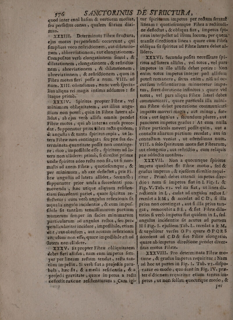 y76 SANCTORINUS DE STRUCTURA, .. quod inter coni bafim &amp; verticem mediat, | tur fpirituum impetus per re&amp;am feratul feu perfe&amp;us conus , qualem fibram dixi- | gnus. | XXXIII. Determinata Fibre firu&amp;tura, lineam : quotiefcumque Fibra a re&amp;itudi- - ne defle&amp;at , &amp; obliqua fiat , impetus fpi« — ritus interpellet ad ilium locum, per quem *- tranfit dire&amp;ionis linea; quare cum Fibra — ejus motus perpendendi occurrunt , qui fimplices voco reftridionem , aut dilatatio- pem , abbreviationeimn, aut'elongationem. Compofitos verb elongationem fimul , &amp; dilatationem , elongationem , &amp; refiridtio- nem, abreviationem 4 &amp; dilatationem , abreviationem , &amp; reftri&amp;ionem , quos in Fibra motus fieri. poffe a num. VIII. ad num. XIII. oftendimus , nunc vero fpecia- lius aliqua rei magis intima addamus : fit itaque primó« XXXIV. Spiritus propter Fibre, vel ininimam obliquitatem , aut illius angu- itiam non poteft , quin in Fibre latera al- lidat, ab ejus verb allifu omnis pendet Fibre motus ; qui ab interma caufa proce- dat. Supponatur prius Wibra re&amp;a quidem, €c anguftas &amp; tanta fpirituscopia , ut la- tera Fibre-non contingat; feu pra fua de- terminata quantitate poffit non continge- ze ; dico ; impoffibile effe , fpiritum ad la- tera non allidere: primo, fi directio primae undz fpiritus adeo re&amp;ta non fit ut fi nor- snalis ad axem Fibre ; quotiefcunque , &amp; per minimum , ab axe defle&amp;et , pr Fi- bre anguítia ad latera. allidet « Secundo ; füpponatur prior unda a fuccedenti pro- movenda , hac utique aliquam refiften- tiam füccedenti pariet , quare fpiritus re- fleBetur ; cum vero angulus reflexionis fit zequalis angulo incidentiz , &amp; eum impof. fibile fit tantüm tenuiffimarum partium numerum femper in facies minimarum Lnd VENIESDU) EGEBMSEMLAMEIE | ecssssetnsmap di. GUPCRCITROENA MVORUI] COUR HERNPTPUTOUNE) uem CEGEPSETECL qcrecmc cvm C auneg obliqua fit fpiritus ad Fibra latera debet al- — lidere.  ^ XXXVI. Secundo pofita neceffitate fpi- | ritus ad latera allifus, vel totus , vel pars- - impetus in illo allifu debet perire: Non . enim totus impetus intezer poft allifum » poteft remanere , fecus enim, nifiad oc- — curfum refientiarum minueretur impe- | tus, foret duratione infinitus ; quare vel - totus, vel pars aliqua Fibre lateri debet communicari , quare particula illa mini- . ma Fibre debet proratione communicari: impetus moveri magis , aut minus , for- fius , aut fegnius , Miiundum plures , aut pauciores impetus gradus : At cum nulla Fibre particula moveri pofiit quin, aut a. contactu aliarum partium recedat , aut in. contadum veniat , ut oftendimus num. VIII. a folo fpirituum motu fiet Fibrarum;. aut elongatio , aut re(tridio cum reliquis pra addu&amp;is motibus. | ! XXXVII. Non a quocunque fpiritus gradus impetus , &amp; ejufdem diredio requi- ritur, Primb debet attendi impetus dirc-- &amp;io; nam fi impetus fiatin L Fig. I. &amp; Fig. V. Tab. v1. velita fiat, ut linea di- re&amp;ionis in L , cadat ad angulos rectos L- recedet a k M , &amp; accedat ad C D, fi illa prius non contingat , aut fi illa prius tan- gat, removebita BE , &amp;fiet Fibre dila- tatio; fi vero impetus fiat quidem in L, fed spendiculariter incidere ; impoflibile, etiam etit j autobtufum , aut acutum reflexionis jatera non zllidere. lol.é* d'XXXV. Et propter Fibre obliquitatem debet fieri aifus , nam cum impetus fem. per per lineam sectam tendat , recta tan- thm impellit. Si vero fat a proje&amp;is para- H I Fig. I. ejufdem 'Tab. L. recedat a k M; &amp; urgebitur verfus Q P5 quare OPQRS áccedent ad C D &amp; fiet. Fibre clongatio, quare ab impetus diredione pendet diver» fitas motus Fibre. 3 - XXXVIII. Pro determinata Fibra mo- ad hoc ut partes in Fig. I. Tab. v1.difpos- . | es: , &amp; gradus impetus requiritur : Nam | bola , hxc fit, &amp; amedii refiflentia , &amp; a | natur co modo ; quo funtin Fig. IV. pre- próje&amp;i gravitate , quare impetus a reda | ter diticnem requiritur etiam tantus ime - eefleditaatione rcefiflentiarum s Cum igi« | petus ut non folàüm quocungue modo , &amp;