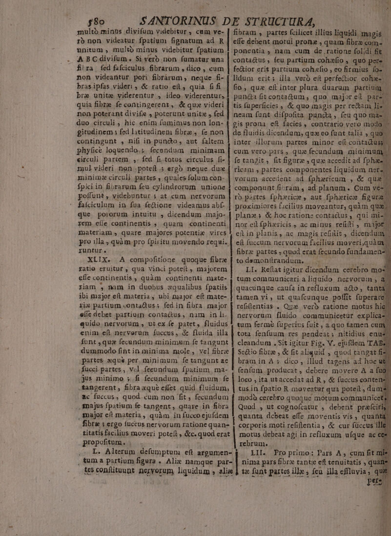 Nu 580 SANT ORINUS 1 DE STRUCT UR A, multo minus .divifum videbitur, cum ve- | fibram , partes Ped illius liquidi. Rygit. ro non videatur. fpatium fignatum ad. R | effe debent motui prona , quam fibrz co unitum , multo minus videbitur fpatium ! ponentia , nam cum de ratione folidi fit | ABCdivifum. Si vero non fumatur una | contaétus , fcu partium cohzfio » quo pere | fiira fed fafciculus fibrarum , dico , cum | fe&amp;ior erit partium coh«fio , eo firmius fo- | non videantur poti fibtárum ; neque fi- [ lidum erit; illa vero eit perfe&amp;ior cohg- | brasipfas videri , &amp; ratio eit, quia fifi | fio; qus elt inter plura duarum partium | bre unite viderentur , ideo viderentur, | pun&amp;a fit contadum, quo majoret parz. | quia fibrz fe contingerens, &amp; qui videri | tis fuperficies , &amp; quo magis per re&amp;am. li«. D non poterant divife J poterunt unite » fed | neam funt di pofita puncta, feu quo más duo circuli , hic enim fumimus non lon; gis prona. eft facies , contrario vero inodo gitudinem ; fed latitudinem fibre, fe non | de fluidis. dicendum; quz eo funt talia , quo. contingunt , nifi in punco , aut faltem 3 inter illorum partes minor e(tcontadus; | phyüce loquendo, fecendum minimam | cuim vero. pars , qu fecundum minimum «irculi partem. ,. fed fi.totus circulus fi- | fe tangit, fit figure ,que accedit ad fphz.. mul videri nen .poteft 5 ergo neque dux. ]^ ricam , partes componentes liquidum netz minim circuli partes , quales folum con- r vorum accedent ad fphzericum , &amp; que | fpiciin fibrarum feu cylindrorum unione componunt fixram, ad planum. Cum yes poffunt ,. videbuntur ; at cum nervorum ro.pártes fphowrice , aut fpherice fügura faíciculum in fua fe&amp;ione videamus ab. | proximiores facilius moveantur, quim qua At que pororum intuitu , dicendum majo- | plane &amp; hoc ratione contactus , qui mi- rem. efle continentis ; quam continenti. nor eifphaericis , ac minus reítti , majo£ materiam , quare majores potentia vires eit in planis, ac magis refiilit , dicendum - pro illa , quàm pro fpiritu moveRto requi. | e&amp; fuccum nervorum TANE moyeri,quàm. runtur. fibra: pattes , quod erat fecundo fandaimene ) XLIX. A compofitione quoque fibre todsmoniürandum. | fatio cruitur, qua vinci poteít , majorem LI. Reflat igitur dicendum cerebro mo 3 efle continentis , quàm continenti mate- tum communicari a liquido. nervorum ; a. fiam $, nam in duobus cqualibus fpatiis quacunque caufa in refluxum a&amp;o, tanta ibi major eft materia, ubi major eft mate- tamen yi, n ahelcguque poffit faperpug | eíle debet partium conta&amp;us, nam in li ! | nervorum fluido: communicetür explica n quido nervorum , utcx fe patet, fluidus 4 tum fermé fuperius fuit, a quo famen cum | enim. eft nerverum fuccus, &amp; fluida illa | tota fenfuum res IEEE nitidius enu funt , que fecandum.minimum fe tangunt | cleandum . Sit igitur Fig. V. ejufdem TAB. j dummodo fint in minima mole, vel fibrie | Scétio fibre , &amp; fit aliquid , quod tangat fic partes xque per minimum fetanguntac | bram in A s dico , illud tagens ad hoc. uto fucci partes; vcl fecundum fpatium ma- * fenfum producat, debere movere A a fug. jus minimo ;.fi fecundum minimum: fe | loco , ita utaccedat ad R , &amp; fuccus conten- .tangerent, fibra «que effet quid fluidum, | tus.in fpatio R moveatur qua potei , dum. ac fuccus, quod. cum non fit, fecundum f modà cerebro quoque motum communicets. majus fpatium fe tangent , quare in fibra | Quod , ut cognofcatur , debent praíciriy H Tajer eft materia, quàm in fucco ejufdem [ quanta dcbeat effe moventis vis, quaütq fibre ; ergo fuccus nervorum ratione quan- | corporis moti refiflentia, &amp; cur füccus ille. titatis facilius moveri poteft, &amp;c. quod erat | motus debeat agi in refluxurmm nig ac ce propofitum. | . rebrum. L. Alterum defumptuni eft argumen- j LII. Proprimo: Pars A , cum fit mie. , tum a partium figura . Alie namque par- | nima pars fibrx tantz eft tenuitatis , quan ! tes confütuunt nervorum liquidum s alie | t« funt partes illz ; Ícu illa effluyia, qui.