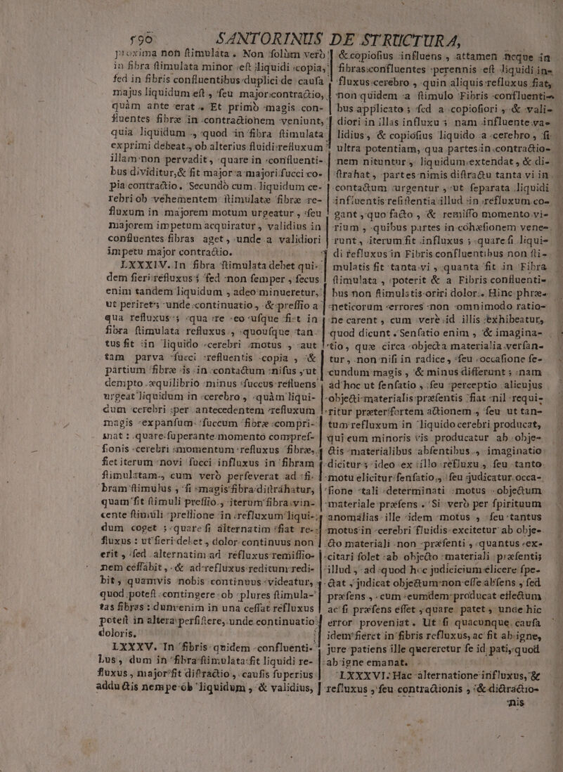 prorima non fimulàta. Non olim verb | &amp;copiofius influens , attamen neque in in fibra ftimulata minor .eft liquidi «copia; | fibras:confluentes perennis :eft liquidi ins fcd in fibris confluentibus.duplici de caufa ! fluxus-cerébro , quin aliquis refluxus faty majus liquidum eft , feu. major:contra&amp;io, |-non quidem «a. ftimulo Fibris «confluentie quàm ahte'erat 4 Et primo «magis .con- | bus applicato 5 fcd a .copiofiori ,.&amp; -vali- Kuentes fibre in contractionem veniunt, ] diori in illas influxu 5 nam influente.vae quia liquidum ., quod in fibra ftimulata | lidius, &amp; copiofius liquido :a cerebro , fi exprimi débeat., ob alterius fluidiirefluxum ! ultra potentiam, qua partesin.contractio- illam:non pervadit , quare in «corifluenti- | nem nituntur, liquidum.extendat , &amp;-di- bus dividitur,&amp; fit majora majorifuccico- | (irahat, .partes:nimis difira&amp;u tanta vi in. — pia contractio. Secundo cum. liquidum ce- | conta&amp;um :urgentur ,-ut feparata liquidi | rebri ob vehementem itimulate fibre :re- | infínentisrefiftentia illud sin refluxum co- fluxum in majorem motum urgeatur , :fcu gant,quo fado, &amp; remiífo momento vie . majorem impetum acquiratur , validius in | Tium , quibus partes in.cóhefionem venes. — conguentes fibras aget, unde.a validiori | runt, iterumfit influxus ;-quarefi.liqui- impetu major contra&amp;io. pina 4 di fefluxusin Fibris confluentibus non fli- LXXXIV.In fibra ftimulata debet qui. | mulatis fit 'tanta.vi ; quanta fit in Fibra flimulata , :poterit &amp; a Fibris confluenti- | bus non ftimulstis-oriri dolor:. Hinc: phrz- dem fieri refluxus fed non femper , fecus enim tandem liquidum , adeo'minueretur,: ut perirets unde.continuatio., -&amp;:preffio a qua refluxus:; «qua :re :eo ufque fi-t in fibra flimulata refluxus , :quoufque tan. | quod dicunt .;Sen(atio enim , '&amp; imagina- tusfit in liquido «cerebri amotus , aut l-tio, qu: circa -objecta materialia.verfan- tam parva fucci :refluentis -copia , ^&amp; | tur, non nifi in radice, feu ; occafione fe- pàrtium fibre is in contactum :nifus yut Atia ; &amp; minus differunt ; :nam dempto .xquilibrio minus fuccus refluens | àd'hoc ut fenfatio , feu perceptio alicujus urgeat liquidum in «cerebro , «quàm liqui- |-obje&amp;i-materialis:praéfentis fiat nil requi- dum cerebri :per .antecedentem Tefluxum ritur praterifortem actionem 4 feu ut tan- magis 'expanfum: 'fuccum fibre «compri-:| tum refluxum in liquido cerebri producat, inat : .quare:fuperante- momento compref- | qui eum minoris vis producatur ab obje- fonis cerebri momentum :refluxus fibre | &amp;is ^materiálibus abfentibus.4 .imaginatio fetiterum -novi fucci influxus in fibram -dicitur s ideo ex iillo-refluxu 4 feu tanto. fimulztam., cum verb perfeverat ad :fi- | motu elicitur /fenfatio., :feu judicatur. occa- bram ftimulus , fi -magis'fibra:dittráhatur, |-fione -tali -determinati :motus -obje&amp;um quam fit fimuli preffio., iterum'fibra.vin- |-materiale-prefens .'Si verb per fpirituum cente ftiniüli *preflione in mim at anomiálias- ille idem -motus , -feu'tantus neticorum -errores -non -omnimodo ratio- necarent , cum vere id illis exhibeatur, [ dum coget ;:quarefi álternatim *fiat. re-:| motus'in cerebri fluidis-excitetur ab obje-. fiuxus : ut'fieri delet, dolor-continuus non ] '&amp;o materiali .non sprafenti , «quantus «ex erit , fed . alternatim ad refluxus remiffio- |-citari folet -ab objedo :materiali | prafentis nem céffábit, .«&amp; ad-refluxus reditunrredi- |-illud ;: ad-quod hec judicicium elicere fpe- bit; quamvis nobis continuus videatur, 4. Gat , judicat obje&amp;um:non effe àlfens , fed quod poteft :contingere -ob -plures timie-| prafens , cum :eumdem:producat effe&amp;um tas fibras : dunvenim in una ceffat refluxus | ac:fi precfens effet quare. patet , unde hic poteft in altera perfiere,.unde continuatio] error proveniat. Ut'fi quacunque. caufa doloris, idem'fierct in fibris refluxus, ac fit ab:igne, LXXXV. Tn fibris quidem -confluenti- 4 jure patiens ille quereretur fe id; pati,.quod Lus, dum in fibra-fimulata:fit liquidi re- |-abigneemanat. | | | fiuxus , major^fit dif ractio , caufis fuperius 'LXXXVI-Hac àlternatione irifluxus, &amp; addu Gis nempe-ób liquidum , &amp; validius, | refluxus » feu. contradionis ; '&amp;dictracio- Jis ^