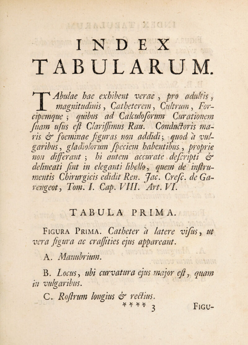 TABULARUM. TAbulae hae exhibent verae , pro adultis y magnitudinis, Catheterem, Cultrum, For¬ cipemque ; quibus ad Calculoforum Curationem Jiiam ufiis eft ClariJJimus, Rau. Conda^oris ma¬ ris & foeminae figuras non addidi, ■ quod d vul¬ garibus , gladiolorum fpeciem habentibus, proprie non differant ; hi autem accurate. defcripti & deline citi fint in eleganti libello-, quem de injlrti¬ mentis Chirurgicis edidit Ren. ffac. Creje. de Ga- rengeot, Tom. I. Cap. VIlI. Art. VI. TABULA PRIMA. Figura Prima. Catheter d latere viJiiSy ut vera figura ac craffities ejus appareant. A. Manubrium. B. Locus-, ubi curvatura ejus major efiy quam in vulgaribus. C. Rofirum longius & reBius.