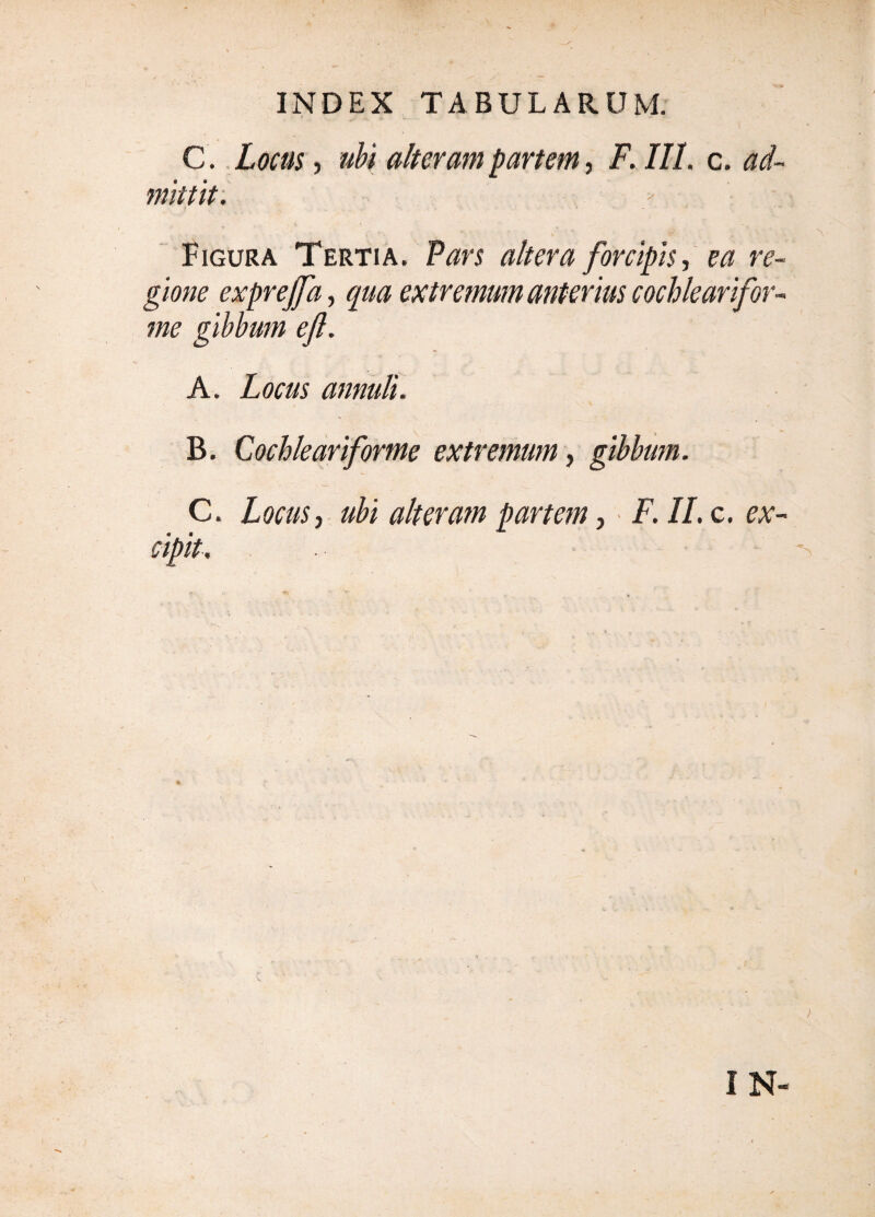 C. Locus, uU alteram partem, F. III. c, ad¬ mittit. Figura Tertia. Fars altera forcipis, ea re¬ gione exprejfa, qua extremum anterius cochlearifor¬ me gibbum efl. A. Locus annuit. B. Cochleariforme extremum, gibbum. C. Locus, ubi alteram partem, F. II. c. ex¬ cipit.