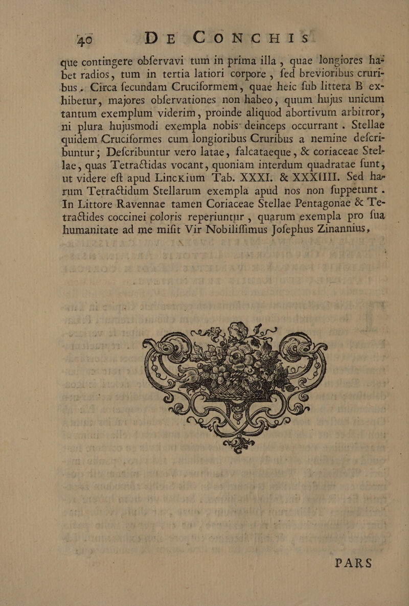 que contingere obfervavi tum in prima illa , quae longiores ha? bet radios, tum in tertia latiori corpore , fed brevioribus cruri- bus .. Circa fecundam Cruciformem, quae heic fub littera B. ex- hibetur, majores obfervationes non habeo; quum hujus unicum tantum exemplum viderim , proinde aliquod abortivum arbitror, | ni plura hujusmodi exempla nobis: deinceps occurrant . Stellae quidem Cruciformes cum longioribus Cruribus a nemine defcri-- buntur; Defcribuntur vero latae, falcataeque , &amp; coriaceae Stel- lae, quas T'etractidas vocant, quoniam interdum quadratae funt ; ut videre eft apud Linckium Tab. XXXI. &amp; XXXIIII. Sed ha- rum Tetractidum Stellarum exempla apüd nos non fuppetunt. In Littore Ravennae tamen Coriaceae Stellae Pentagonae &amp; 'Te- tractides coccinei coloris reperiuntur , quarum exempla pro fua humanitate ad me mifit Vir Nobiliffimus Jofephus Zinannius, ^ j PARS