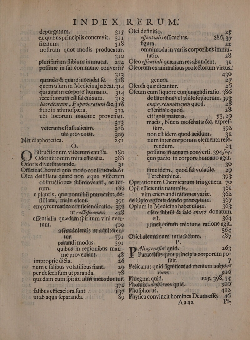 depurgatum. j 31$ ex quibusprincipiis concrevit. 3ri fixatum. 318 noflrum quot modis producatur. 310 : plurifariam ftibiumimmwutat. 234 poflitne in fal communc converti? quando &amp; quare incendat fe. Jr qucm ufum in Medicinahabeat. : I4 qui agat 1 córpoté humano. 314 recentiorum eftfalenixum. — 313 Seordeatum , Papaveratum &amp;c.316 fitnein athmofpzra. |] 312 ubi locorum maxime. proveniat. 33 veterumeft alkalicum. 316 ubi proveniát. 3c9 Nix diaphoretica. 251 Bftru&amp;ionum vifcerum cauffe. | 180 Odoriferorum mira'efficatia. ^ 398 Odoris diverfitasunde, 4t OfficinaChemici quo modoconftruénda.ór —. Olea deflillata quaré non eque vifcerum obftructiones fubmioveatit, ac fer- rum. | 182 € plantis, qu nonnihil patruerint,dé- ftillatà, niale olent. 391 - empyreuratica conficiendiratio.: 394 ut recZzficapida: — 428 cffentialia quedam fpiritum vini en er- tunt. 4o0 afraudulentis ut adültérenz tüf. ab paranidi modus. 391 quibus in regionibus maxi- me proventánt. 48 . impropriedicia. . 26 . nume falibus volatilibus fiant. 2Ó : per defcenfüm ut paranda. 7 | quadam cum fpiritu nitiiincendentur. - - falibus efficaciorafünt —- .- n utab aqua feparanda. 69 Oleidefinitio. P erh 23 2 FR efficacitas. 386, 37 figuta. omnimoda in variis corporibüsi Hia tatio. 28 Oleo efJeutial; quenamresabundent. — 3x Oleorutn ex animalibus prole&amp;orum virtus. 45 genera. 27 Oleofà qua dicantur. 26 Oleum cum liquore conjungetidi ratio. 386 deláteribusvel PEGSUMHaDR; E: em eyremmáticum quod. . effentiale quod. eti ignis materia. 33, E: macis , Nucis mofchato &amp;c. expref- fum. 392. non eft idem quod acidum. 3r num inter corporum elerenta refe- rendum. - 24. poffitneifi aquam conyerti. 504/eq- . quo pacto in corpore humano agat. 3o fitneidém, quodfal volatile. 29 Terebinthinz. 393 Operationum Chemicarum tria genera. 70 Opii efficientia naturalis. 36r ^- vimenervandirátionesvárig, s deOpiogfotisdándo preceptum. —— 367 Opium in Medicina habet ufu. 363 oleo: fübtili &amp; falé ez;xo donatum eft. 364 principiotutn mixture ratione agit. ie Orichaleutri cuni ups 487 Alingenefia quid. 263 P — n9 principia corporum po- Pelicanus quid fi sanificet adameritem adepto Yu. IO Plilegma quid. 135; 5395 31 Phosnixiadeprorz»m quid. Phofphorus. Phyt ca convincit homines Deurheffe: 3 d aaa Pi-