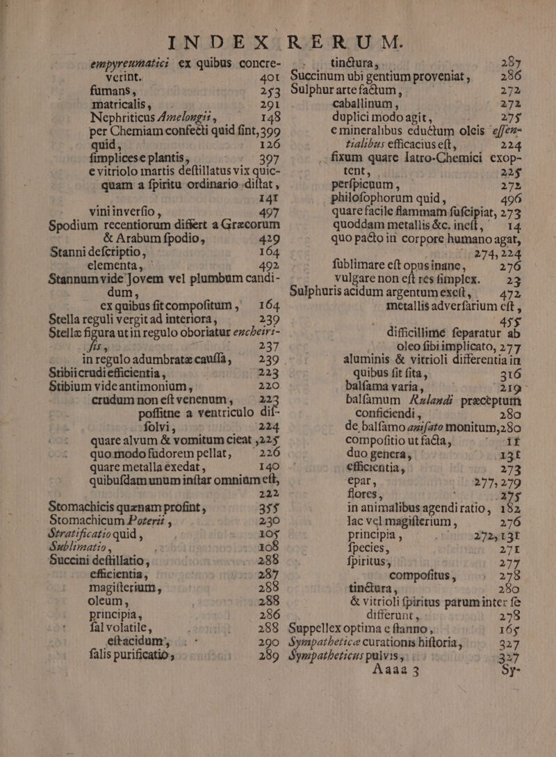 empyreumatici €x quibus concre- verint, — 4O0I fumans, 253 matricalis , 291 Nephriticus Z/z:elozgi: , 148 per Chemiam confeéti quid fint, 599 ^ qud, 126 fimplicese plantis , 397 e vitriolo martis deftillatus vix quic- quam a fpiritu ordinario .diflat , I4I viniinverfio , 497 Spodium recentiorum differt a Grxcorum &amp; Arabum fpodio, 419 Stanni defcriptio , 164 elementa, ' 492 »odguw. ni ddcnn vel plumbum candi- um, exquibus fitcompofitum ,' 164 Stella reguli vergit ad interiora , 239 Stelle figura utin regulo oboriatur ezcPeir:- . .. tin&amp;ura, . 287 ouccinum ubi gentium proveniat , 286 Sulphur arte factum, PUE. 272 caballinum , 272 duplici modo agit, 27$ emineralibus eductum oleis e/fez- alibus efficacius e(t, 224 .; fixum quare Iatro-Chemici exop- tent, 22$ perfpicaum, 272 philofophorum quid, 496 quare facile flammam füfcipiat, 273 quoddam metallis &amp;c. incít, ^ 14 quo pacto in corpore humano agat, Mann 274,224 |. füblimare eft opusinane, 276 |. vulgare non eft res fimplex. 23 Sulphurisacidum argentumexeíl, ^ 472 metallis adverfarium cft , ks ERA 455 | difficillimé feparatur ab fts. jua 7 | oleo fibi implicato, 277 - . inreguloadumbratecaufía, ^ 239. aluminis &amp; vitrioli differentia in Stibiicrudiefficientia , 223 quibus fit fita , 316 Stibium videantimonium, : 220 balfama varia , 3g: crudumnoneítvenenum, —— 223 balfamum Azasdi preceptutn poffitne a ventriculo dif- conficiendi , 280 folvi, (224 de balfamo zzifato monitum,280 quare alvum &amp; vomitum cieat ,225 compofitio ut facta, toast quo. modo füdorem pellat, 226 duo genera , 15f quare metalla exedat , 140 Cfficientia, 273 quibufdam unum inítar omnium eft, epar, 277,279 222 flores, PE. vh Stomachicis quznam profint , 33$ in animalibus agendiratio, 182 Stomachicum Pzerz ; 2,30 lac vel magiflerium , 276 Ózratificatio quid , 10$ principia , inmm'sotesm 3t Sublimatio , j 105 fpecies, 2p Succini deftillatio , 285 fpiritus; 277 ^. effcientia, 257 compofitus , 2758 magifterium, 288 tin&amp;ura , 280 oleum, 288 &amp; vitrioli fpiritus paruminter fe principia, 286 .. differunt , 258 fal volatile, 288 Suppellexoptima e ftanno, 16$ ,ettacidum;, 290 Sympatberice curationis hiftoria, 327 falis purificatio ; 289 dSympatbeticus pulvis, c5: 323 Aaaa 3 oy-